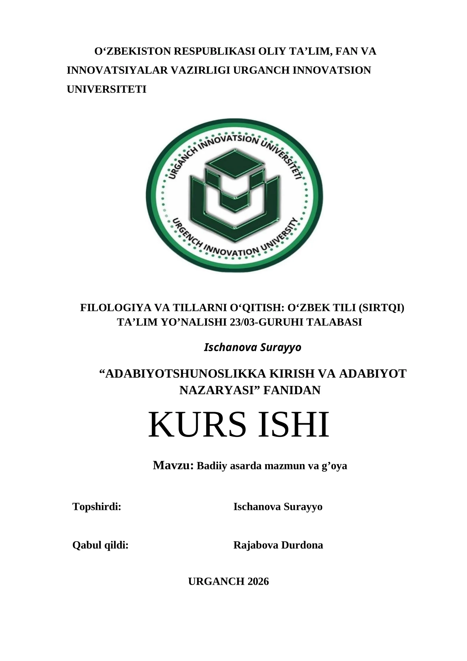 “ADABIYOTSHUNOSLIKKA KIRISH VA ADABIYOT NAZARYASI” KURS ISHI