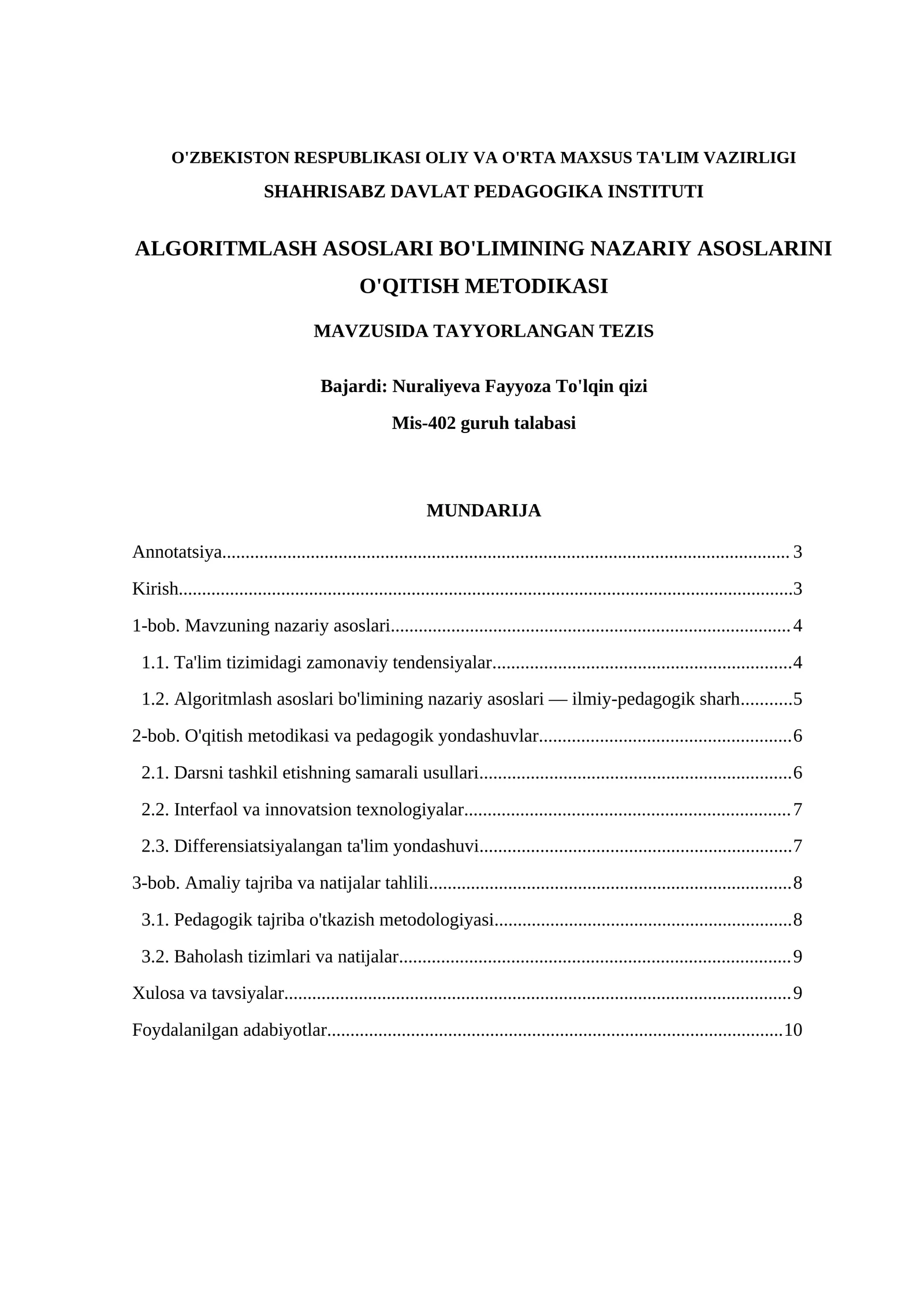 ALGORITMLASH ASOSLARI BO'LIMINING NAZARIY ASOSLARINI O'QITISH METODIKASI