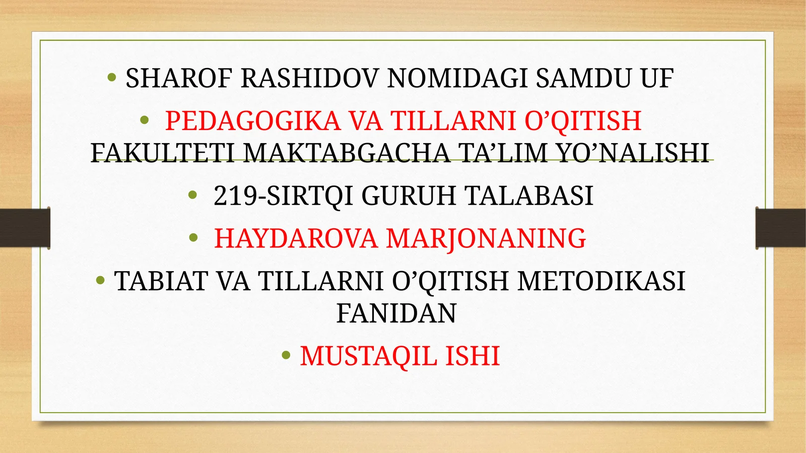 Tabiat va tillarni o’qitish metodikasi fanidan mustaqil ishi