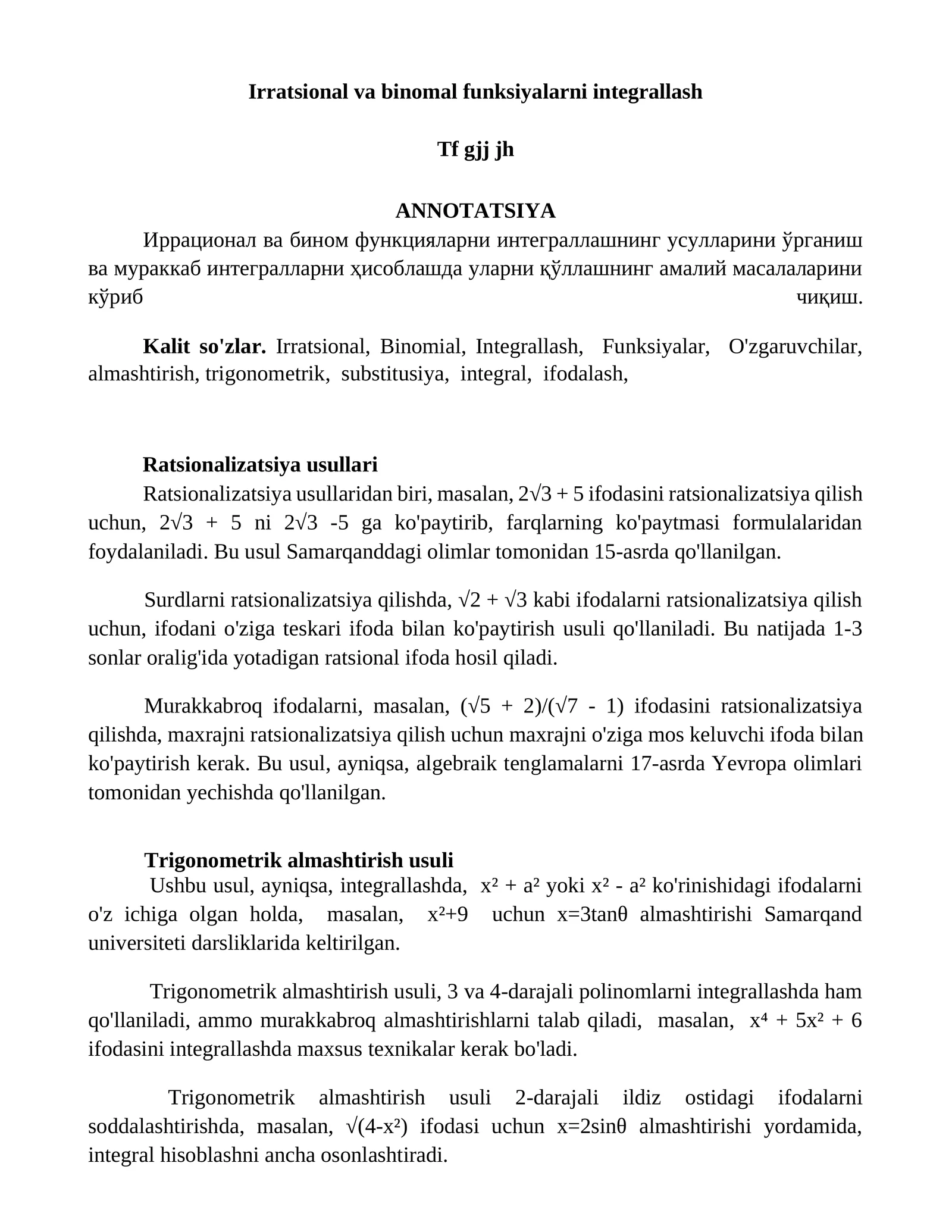 Irratsional va binomal funksiyalarni integrallash