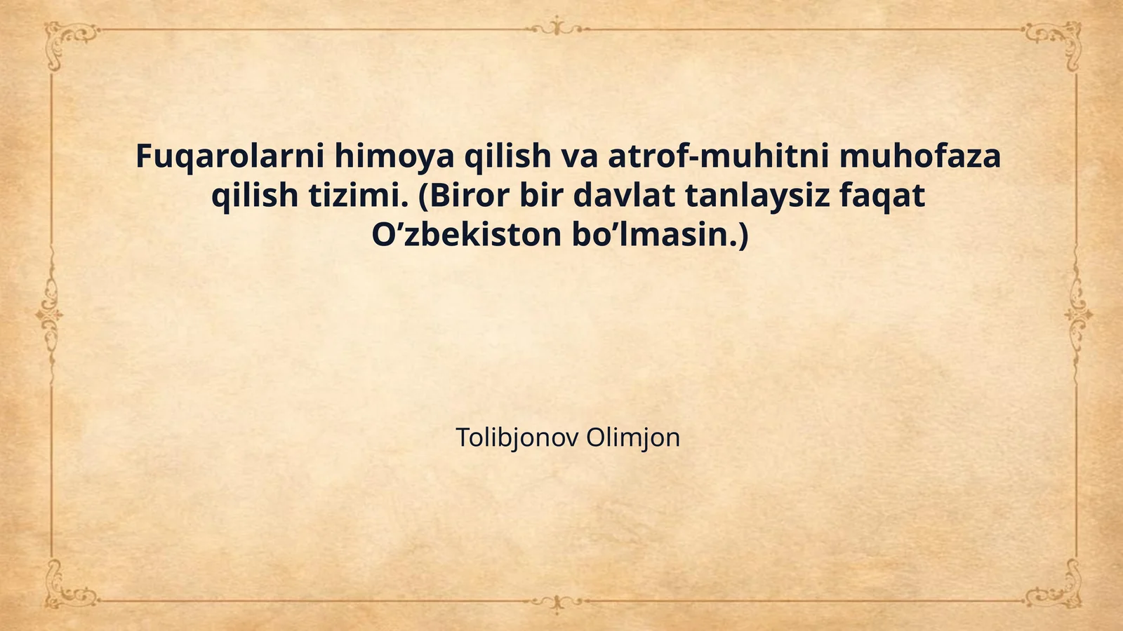 Fuqarolarni himoya qilish va atrof-muhitni muhofaza qilish tizimi. (Biror bir davlat tanlaysiz faqat O’zbekiston bo’lmasin.)