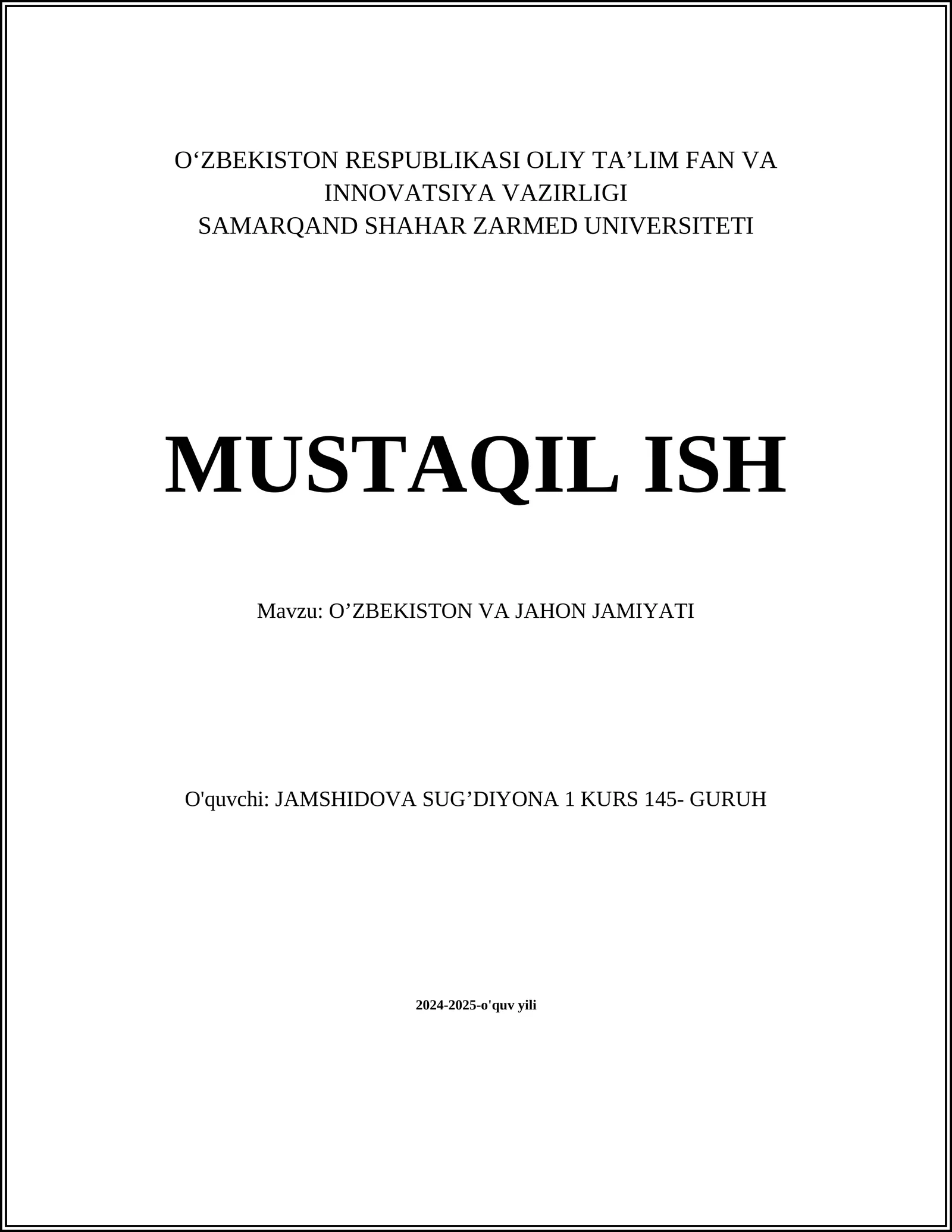 O'ZBEKISTON VA JAHON JAMIYATI