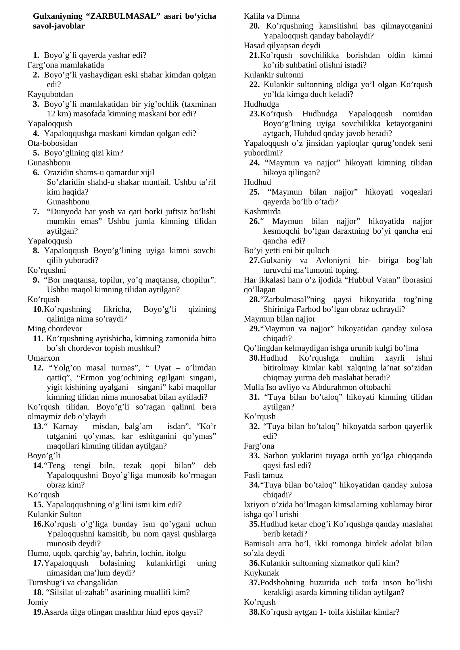Gulxaniyning “ZARBULMASAL” asari bo‘yicha savol-javoblar