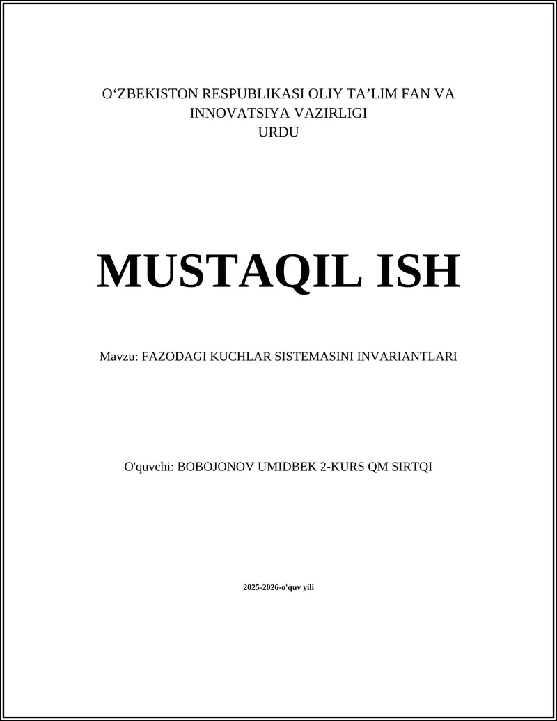 FAZODAGI KUCHLAR SISTEMASINI INVARIANTLARI