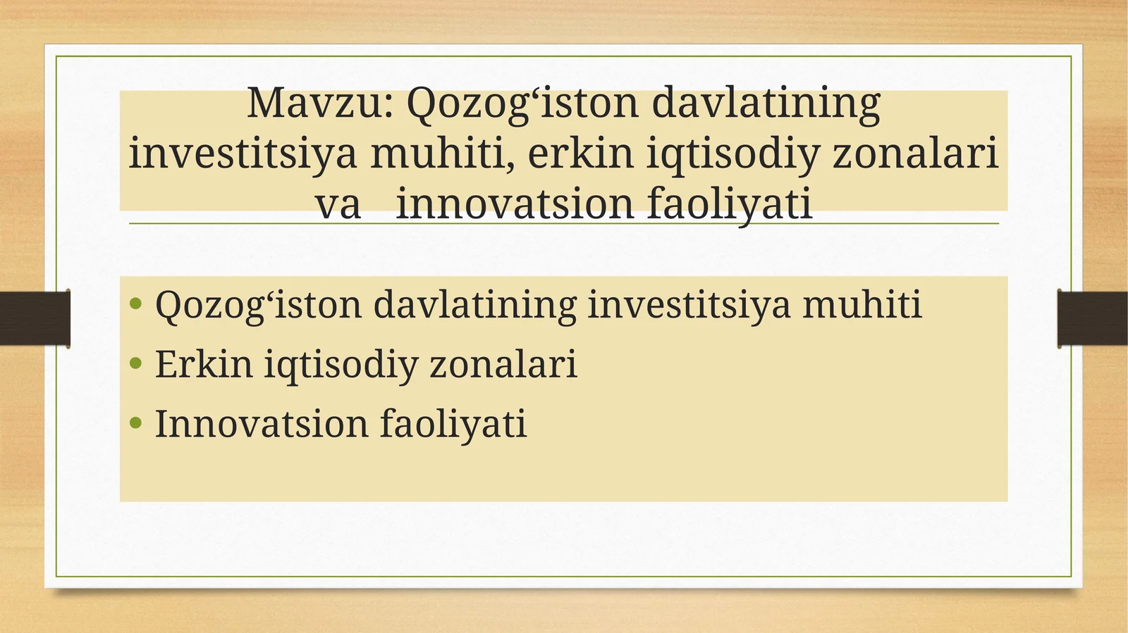 Qozogʻiston Davlatining Investitsiya Muhiti, Erkiniqtisodiy Zonalar va Innovatsion Faoliyati