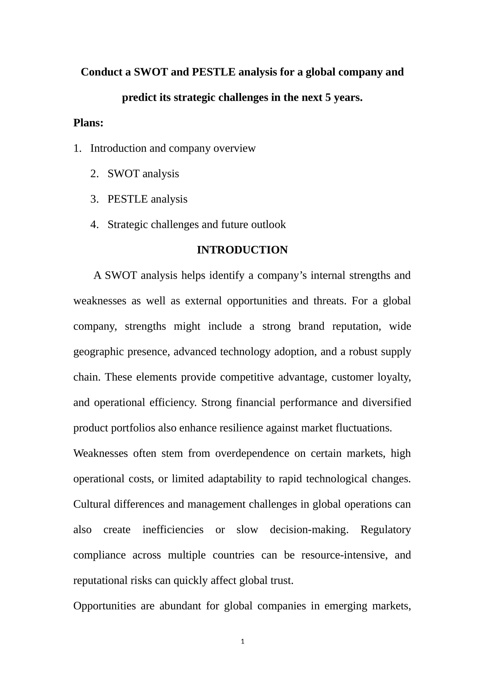SWOT and PESTLE Analysis for Global Company