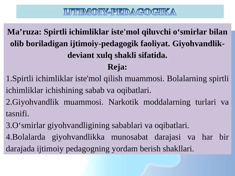 Spirtli ichimliklar iste'mol qilish muammosi