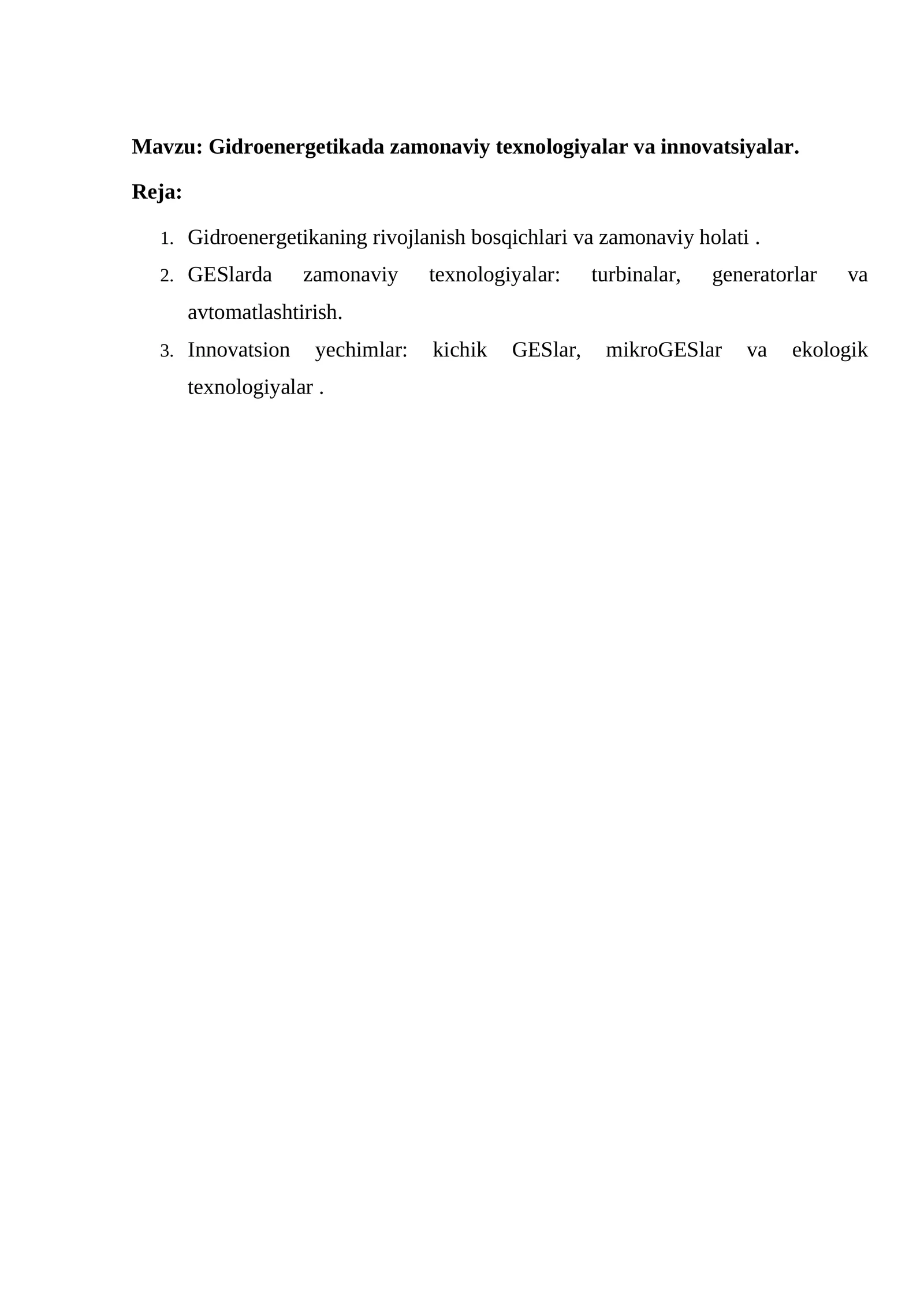 Gidroenergetikada zamonaviy texnologiyalar va innovatsiyalar
