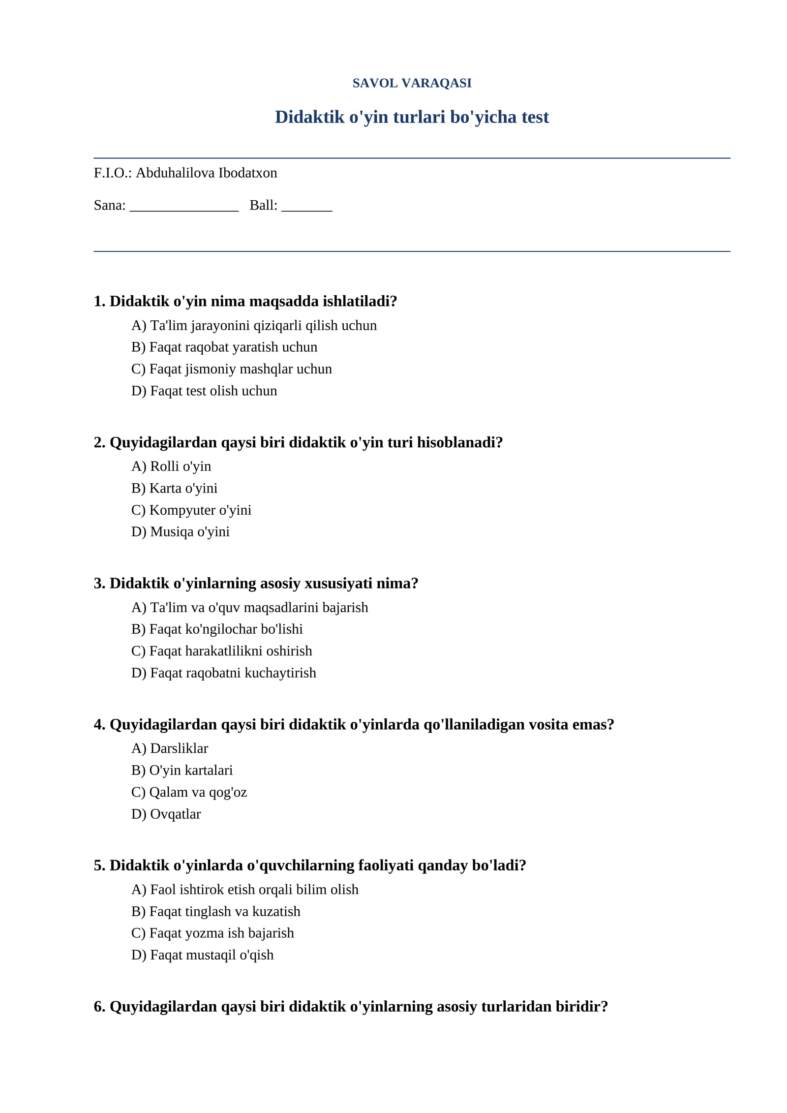 Didaktik o'yin turlari bo'yicha test