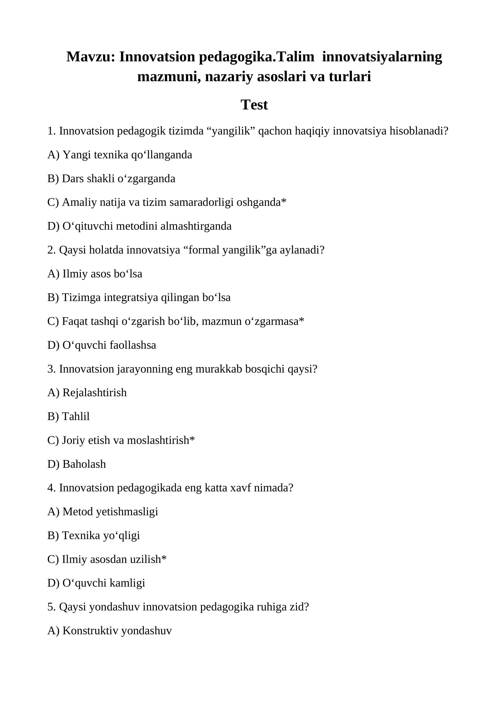 O'yin - maktabgacha  yoshdagi bolalarning asosiy faoliyati sifatida  test