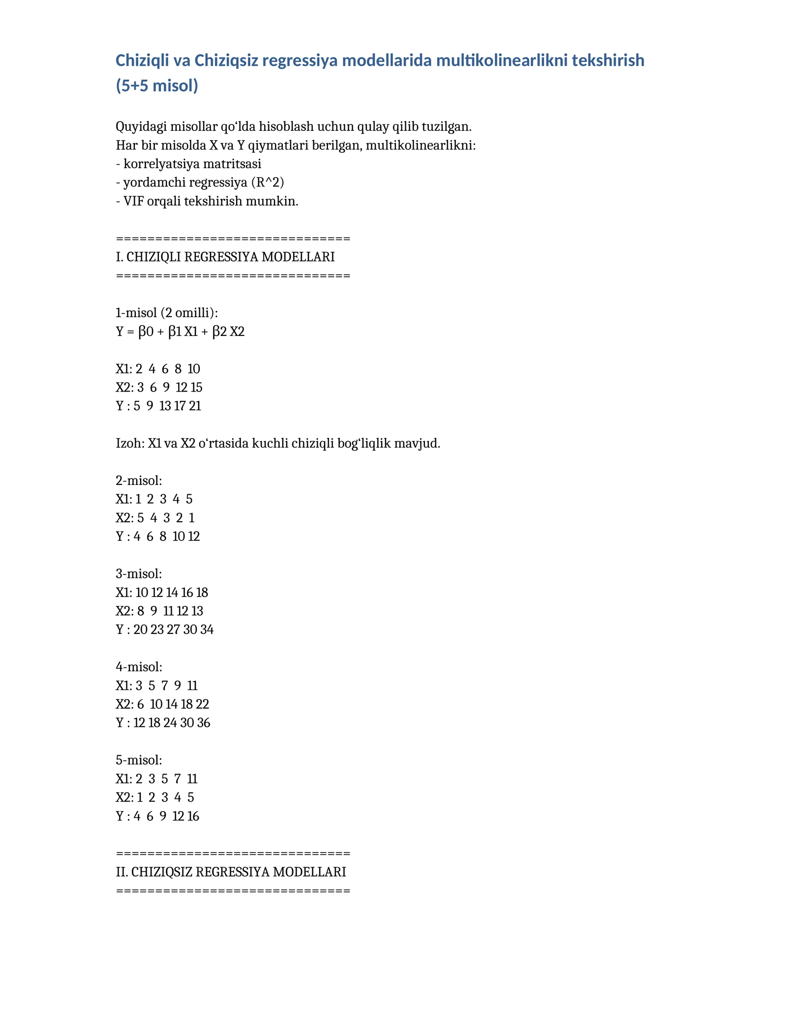 CHIZIQLI REGRESSIYA MODELLARI