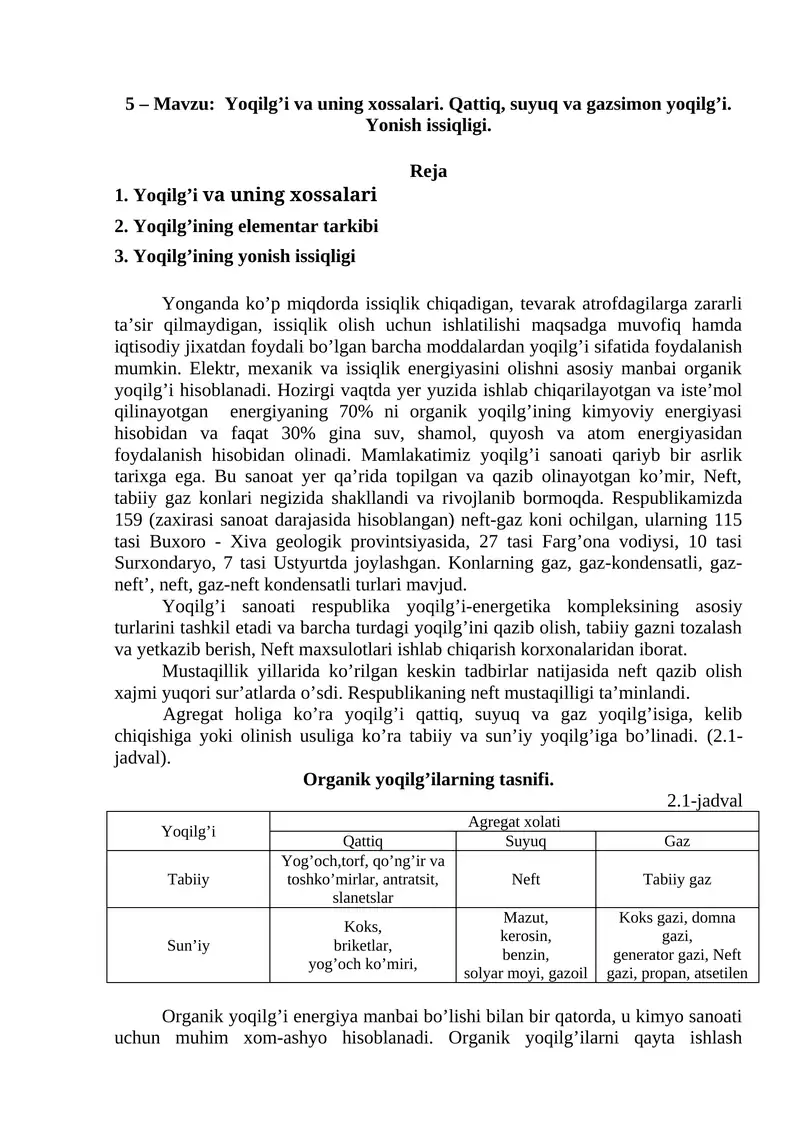 Yoqilg’i va uning xossalari