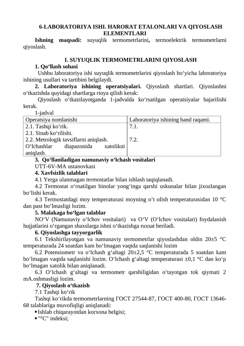 6-LABORATORIYA ISHI. HARORAT ETALONLARI VA QIYOSLASH ELEMENTLARI