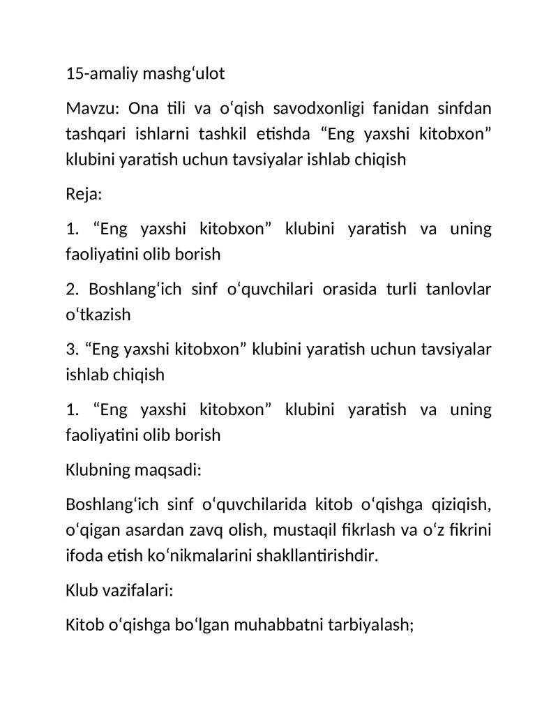 "Eng yaxshi kitobxon" klubini yaratish uchun tavsiyalar