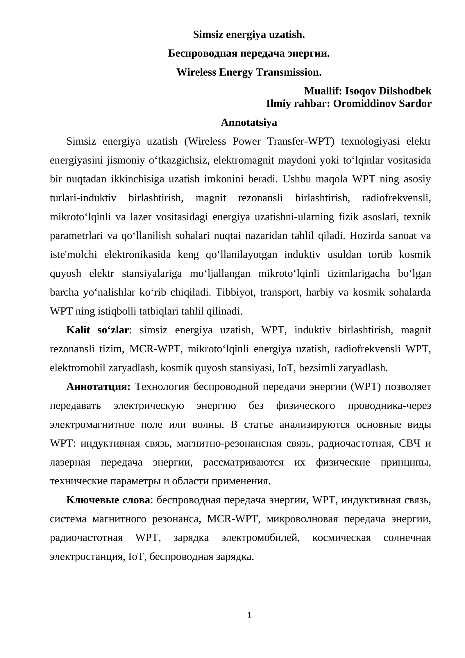 Simsiz energiya uzatish