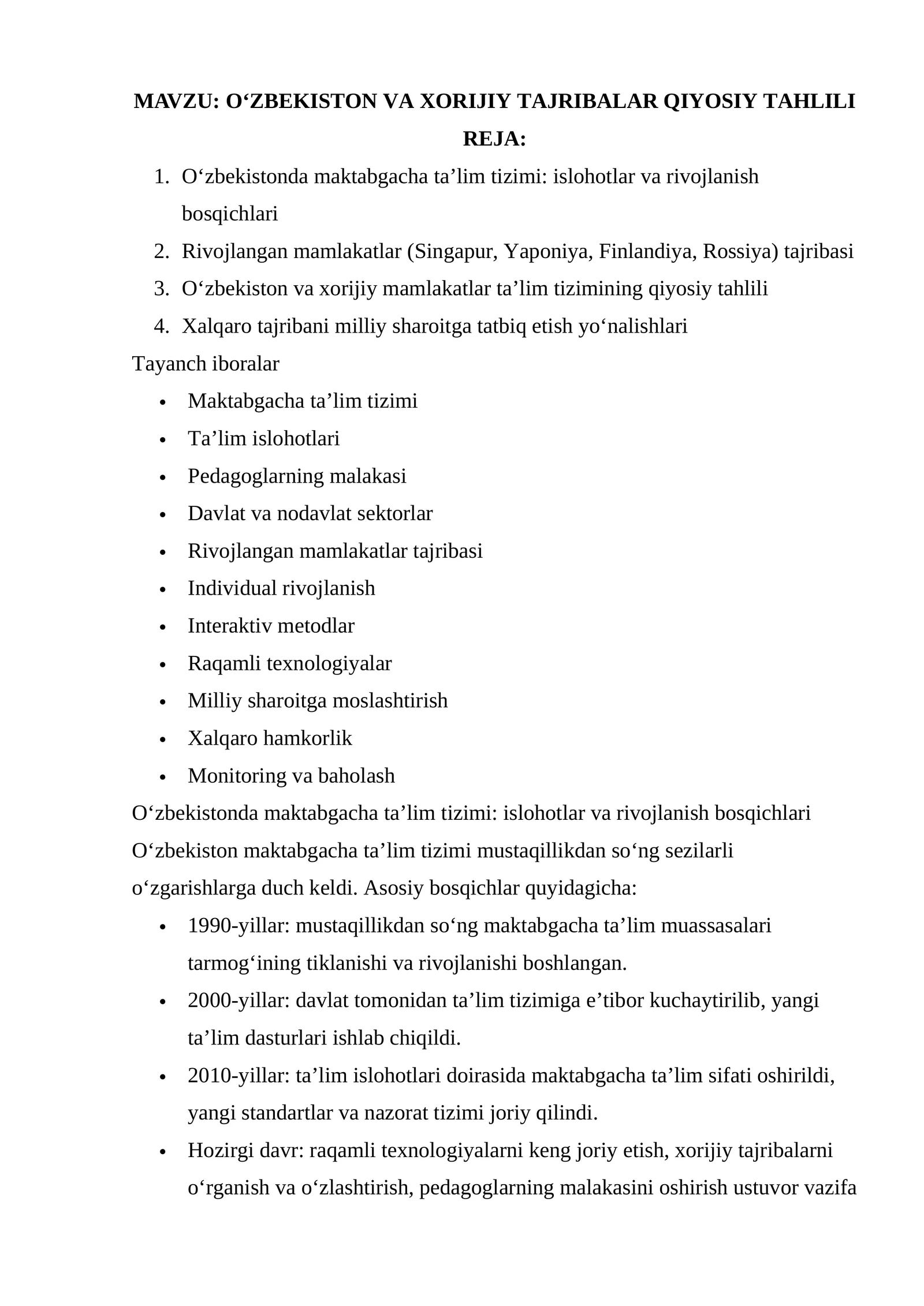 O‘ZBEKISTON VA XORIJIY TAJRIBALAR QIYOSIY TAHLILI