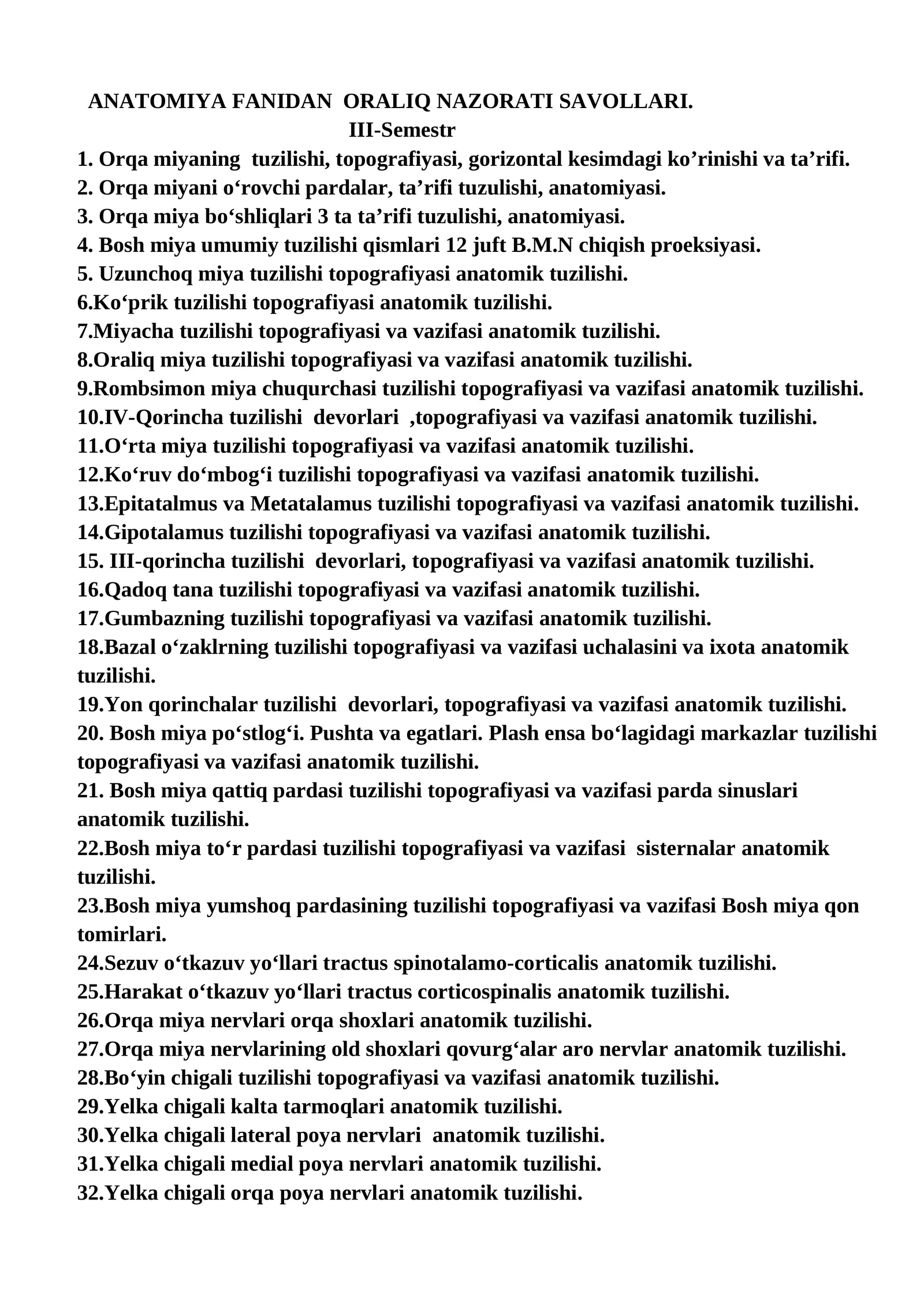 ANATOMIYA FANIDAN ORALIQ NAZORATI SAVOLLARI