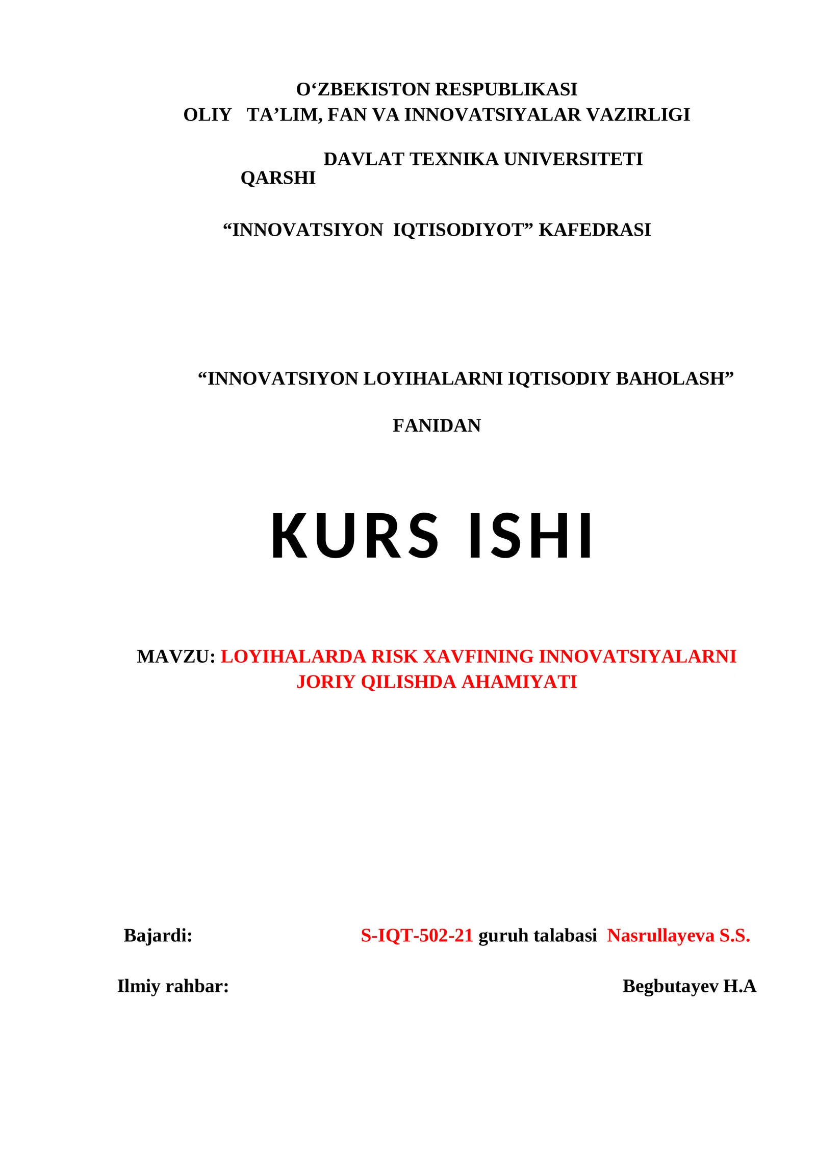 LOYİHALARDA RİSK XAVFİNİNG İNNNOVATSIYALARNI JORİy QİLİSHDA AHAMIYATİ