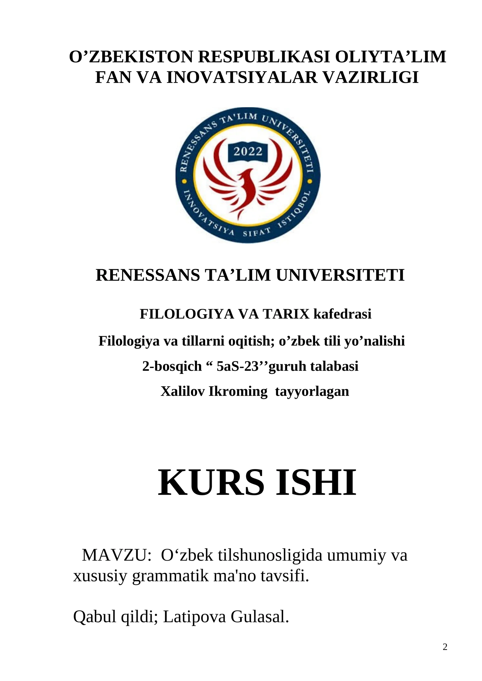 O‘zbek tilshunosligida umumiy va xususiy grammatik ma'no tavsifi