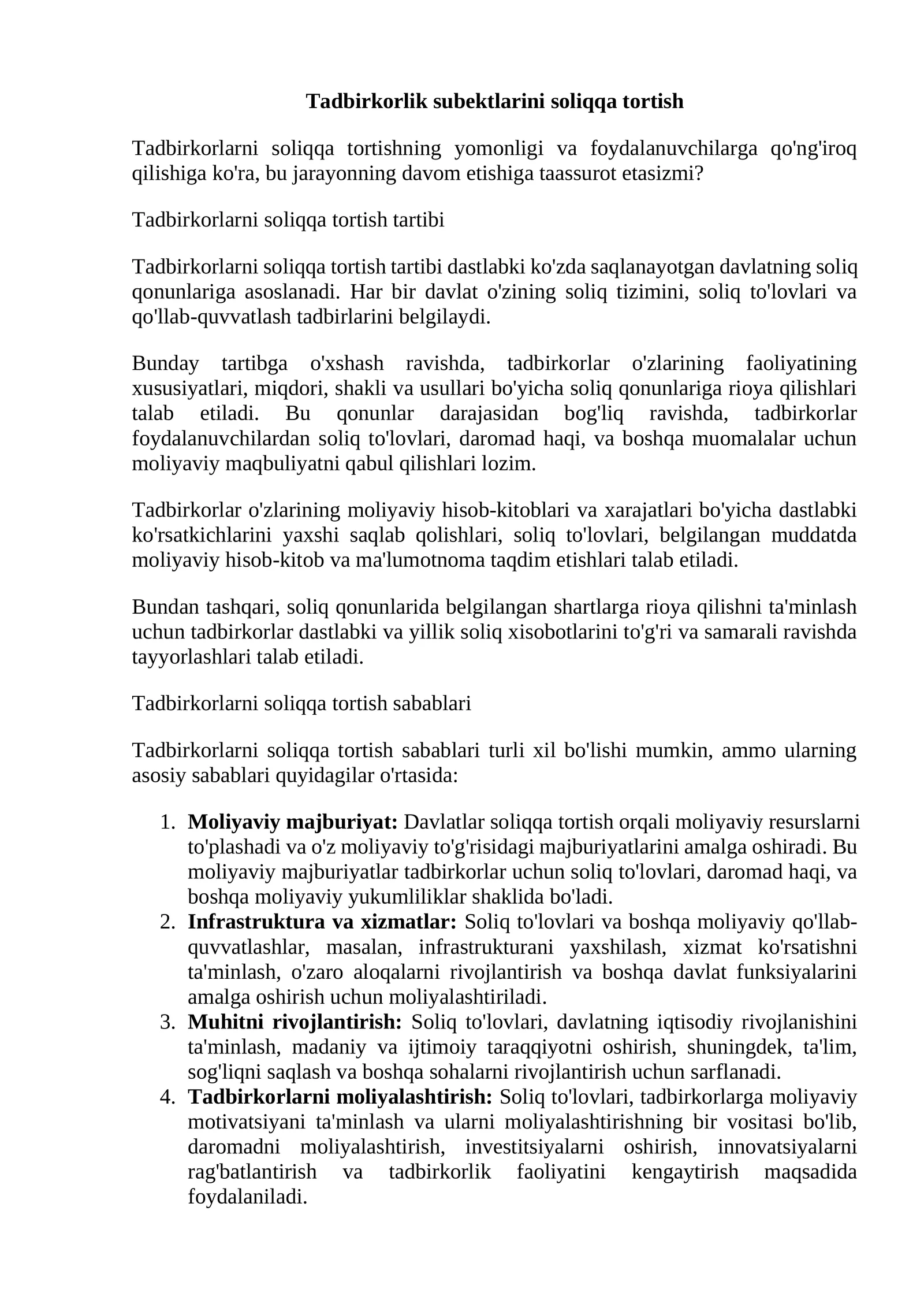 Tadbirkorlik subektlarini soliqqa tortish