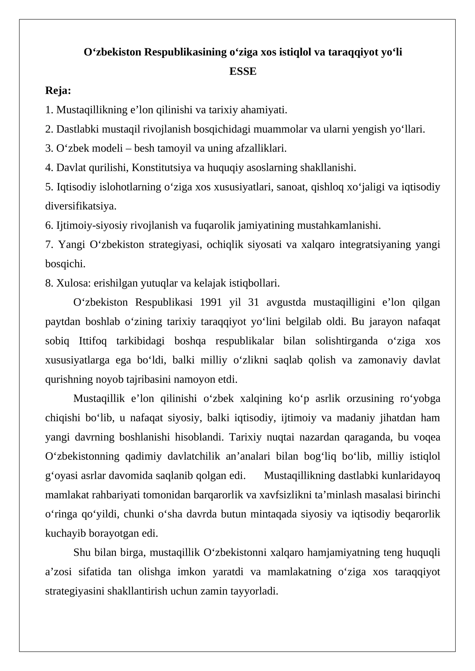 Oʻzbekiston Respublikasining oʻziga xos istiqlol va taraqqiyot yoʻli
