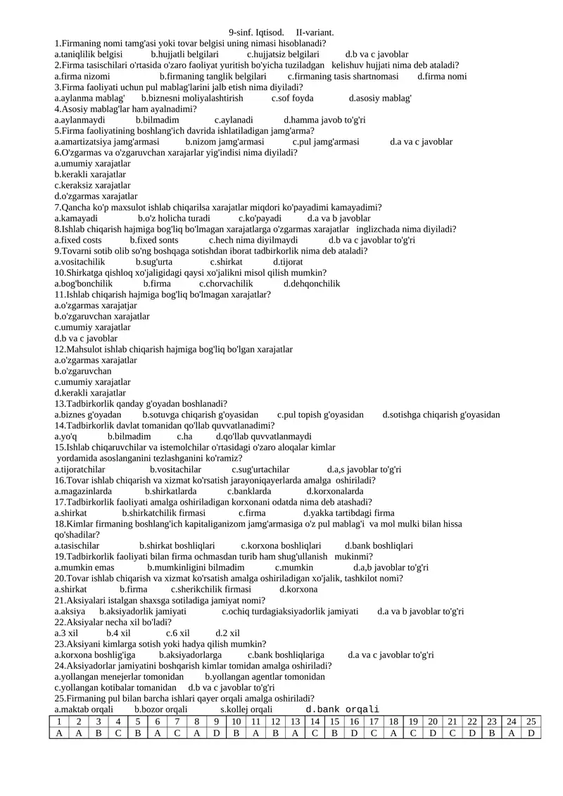 9-sinf. Iqtisod. II-variant