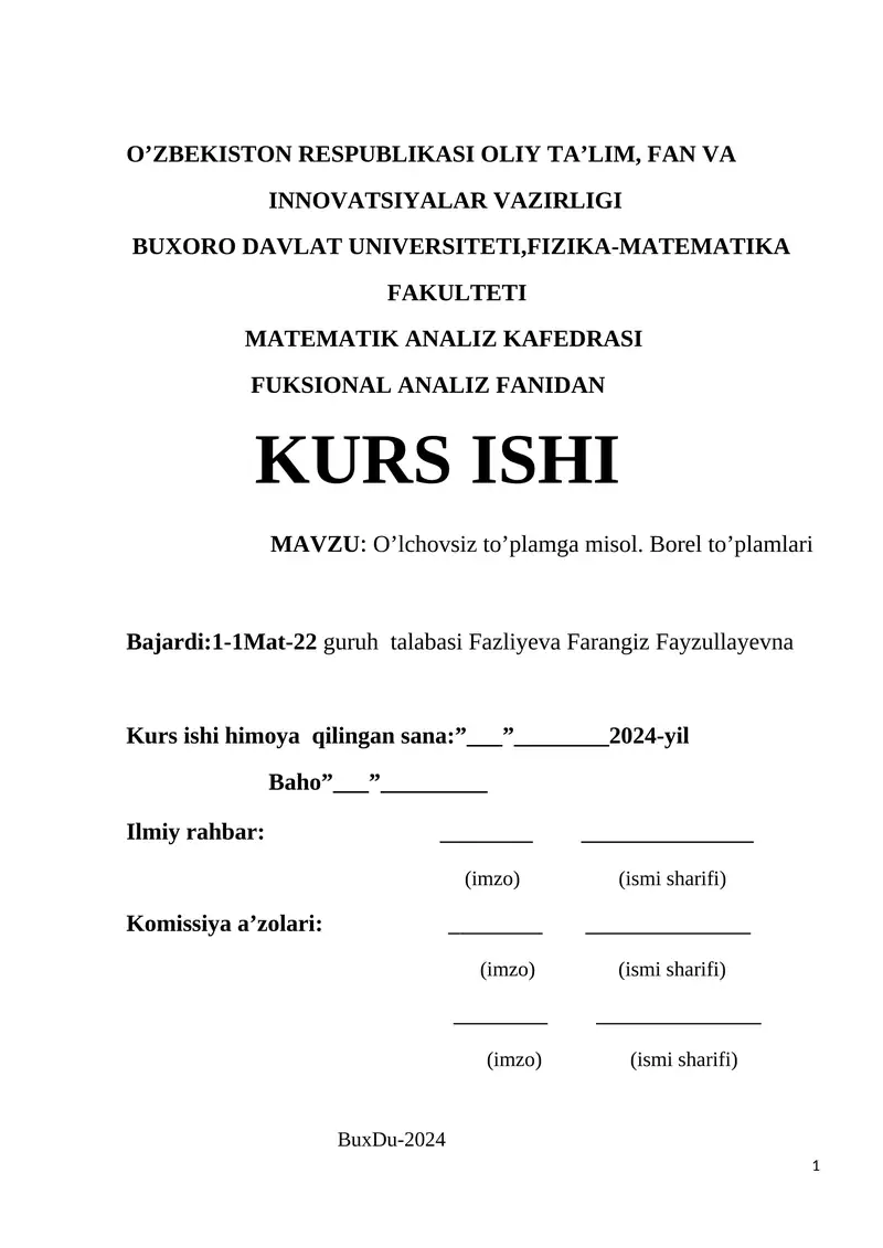 O’lchovsiz to’plamga misol. Borel to’plamlari