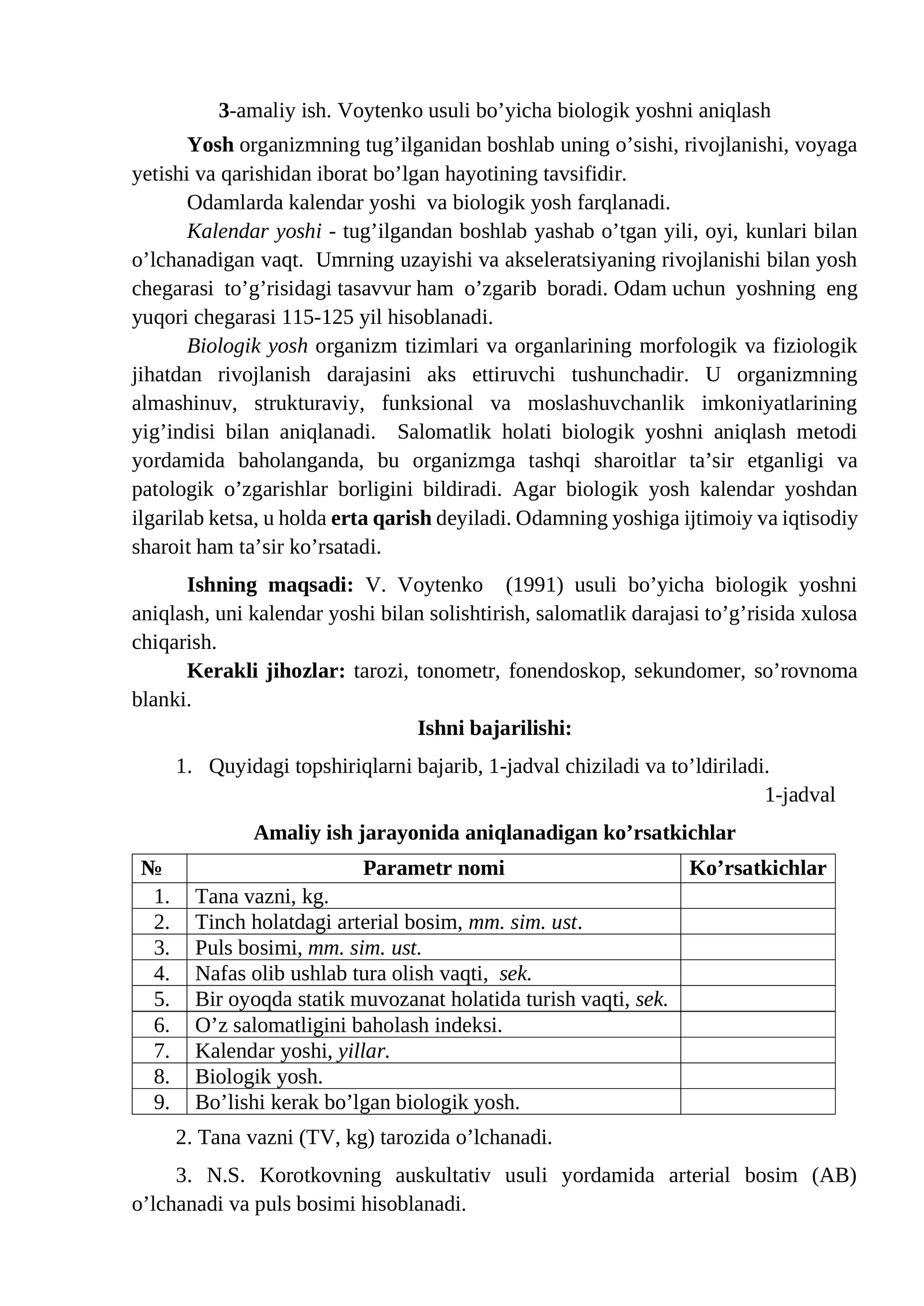 3-amaliy ish. Voytenko usuli bo’yicha biologik yoshni aniqlash