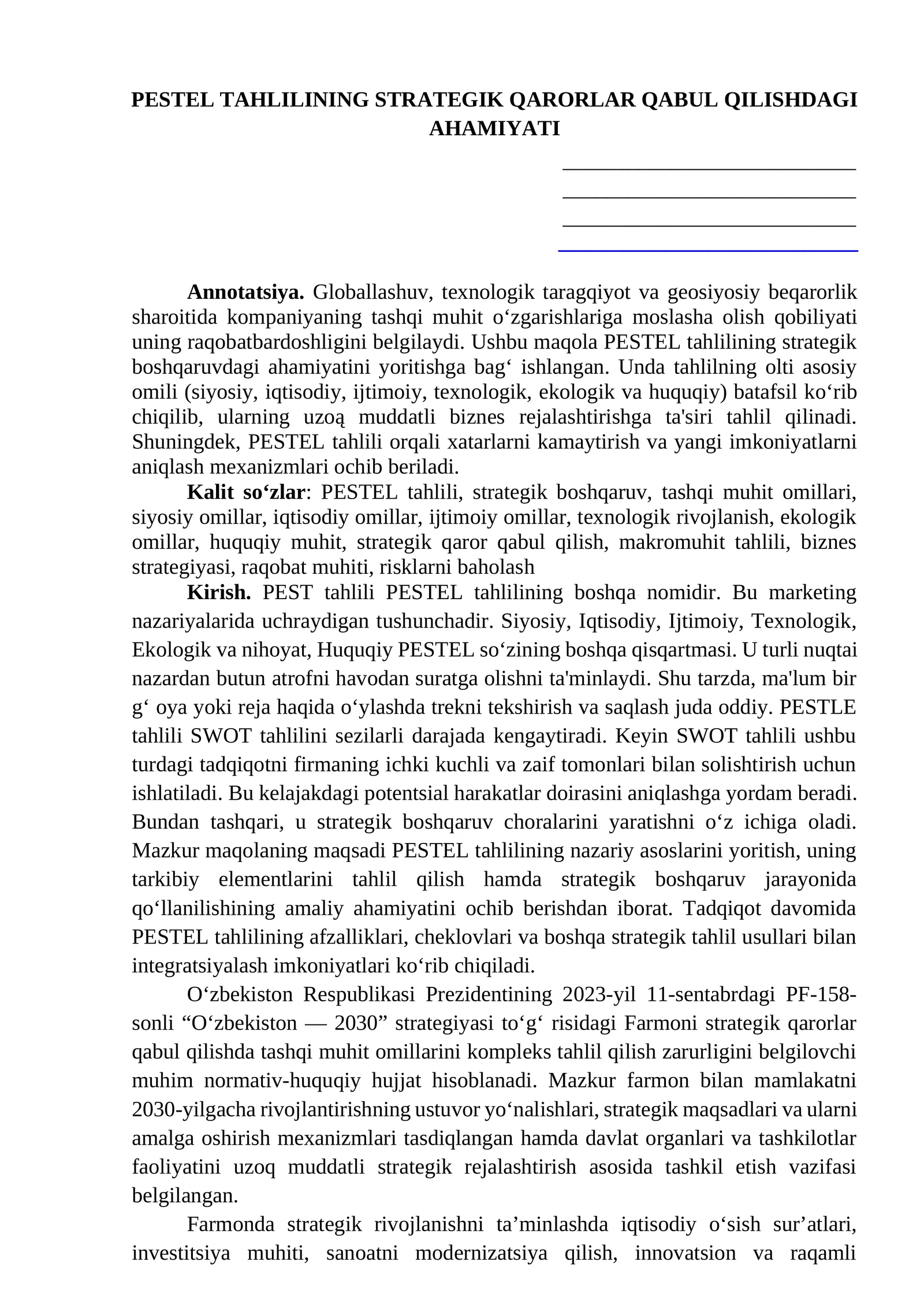 PESTEL TAHLILINING STRATEGIK QARORLAR QABUL QILISHDAGI AHAMIYATI
