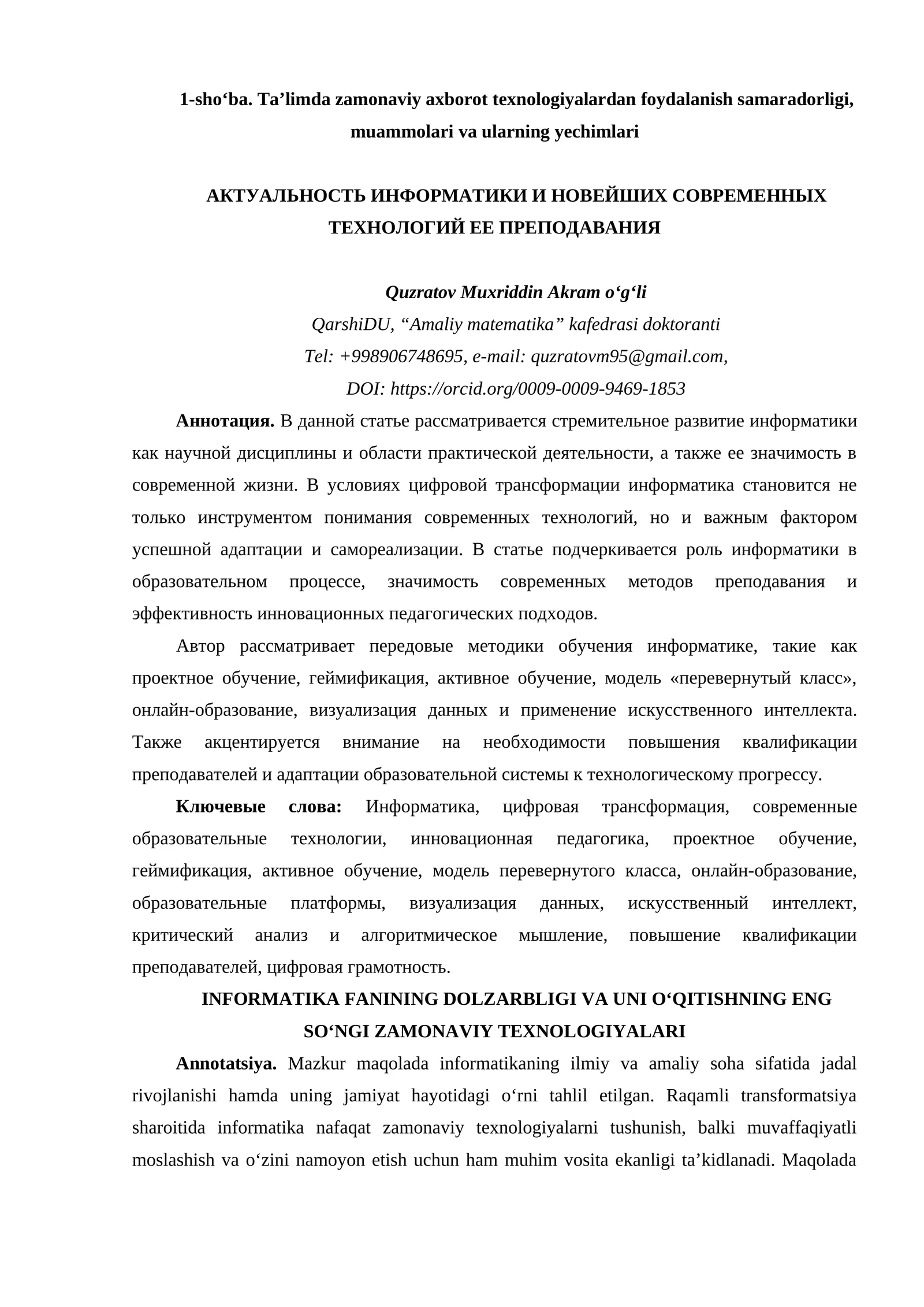 INFORMATIKA FANINING DOLZARBLIGI VA UNI O‘QITISHNING ENG SO‘NGI ZAMONAVIY TEXNOLOGIYALARI