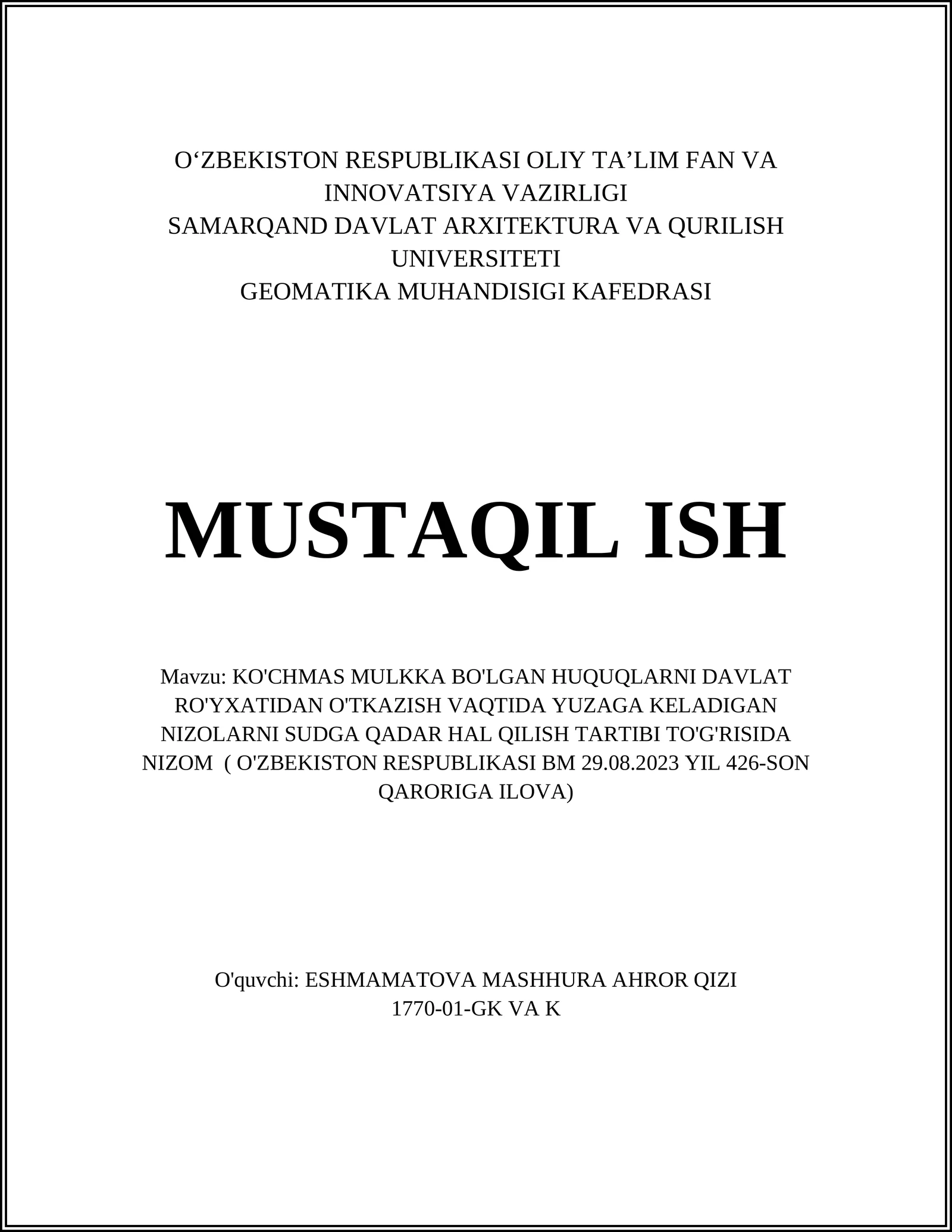 KO'CHMAS MULKKA BO'LGAN HUQUQLARNI DAVLAT RO'YXATIDAN O'TKAZISH VAQTIDA YUZAGA KELADIGAN NIZOLARNI SUDGA QADAR HAL QILISH TARTIBI TO'G'RISIDA NIZOM