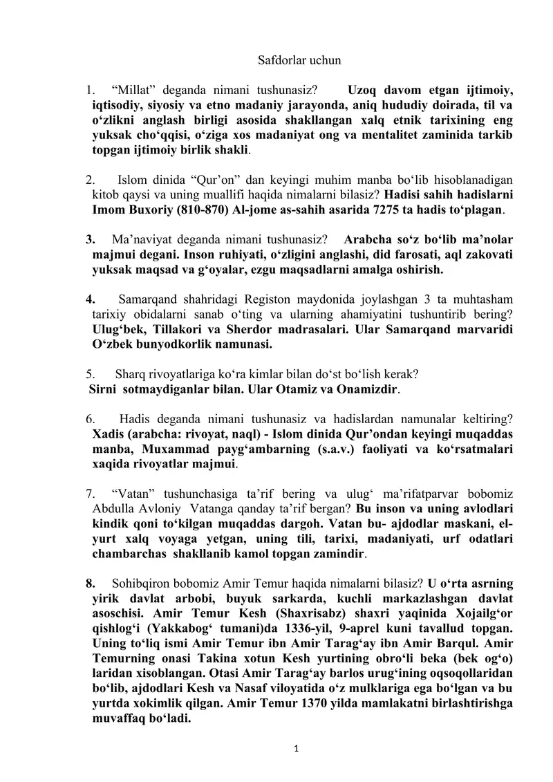 Safdorlar IIB ga kiruvchilar uchun tarbiya, tarix, huquq fanlaridan test javoblari