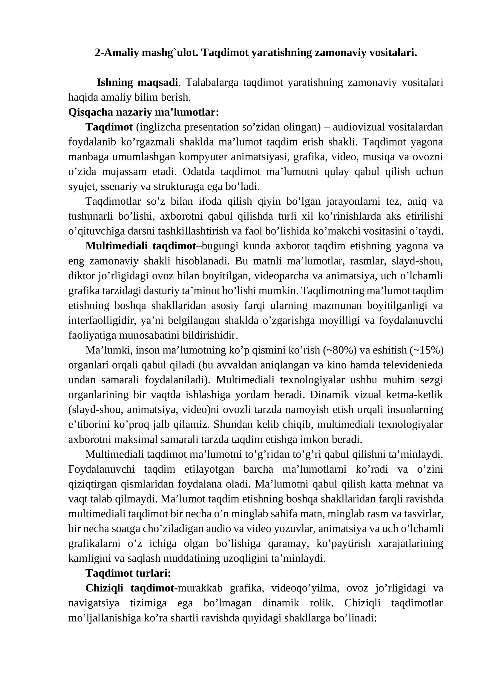 2-Amaliy mashg`ulot. Taqdimot yaratishning zamonaviy vositalari
