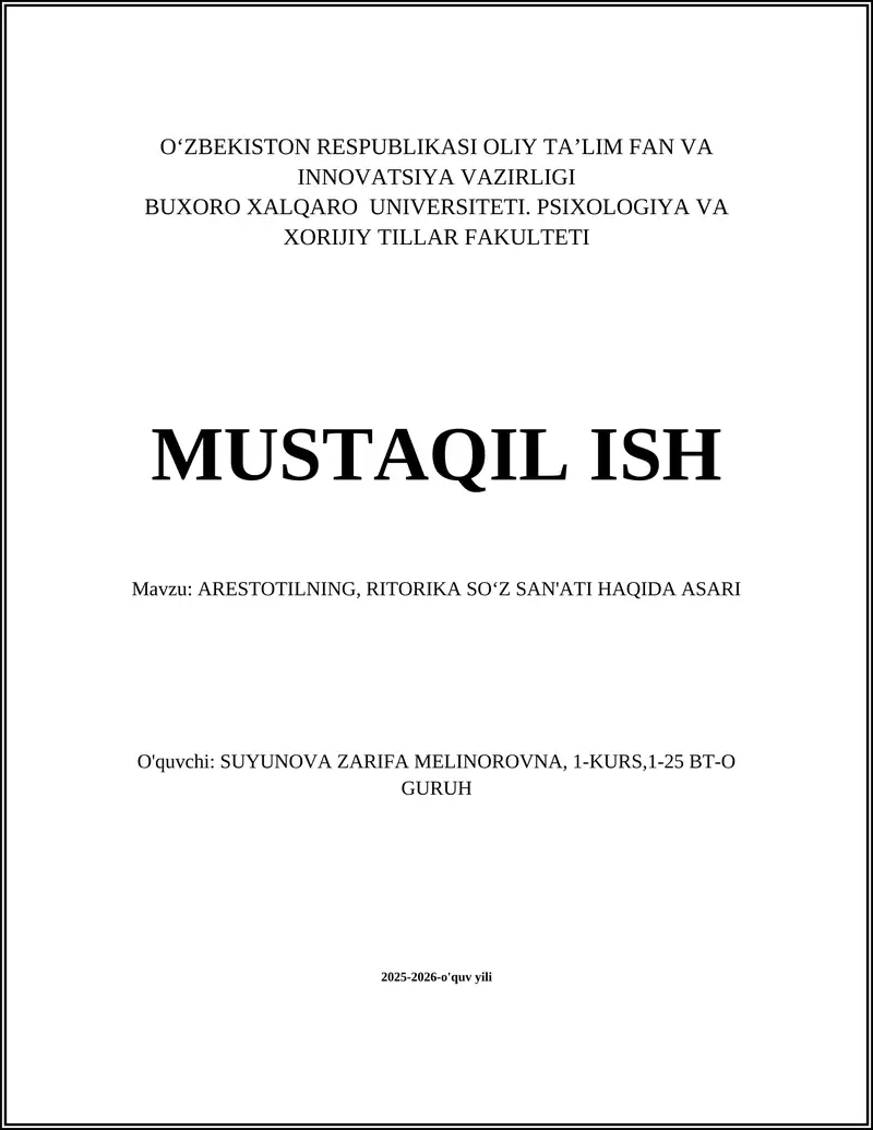 ARESTOTILNING, RITORIKA SOʻZ SAN'ATI HAQIDA ASARI