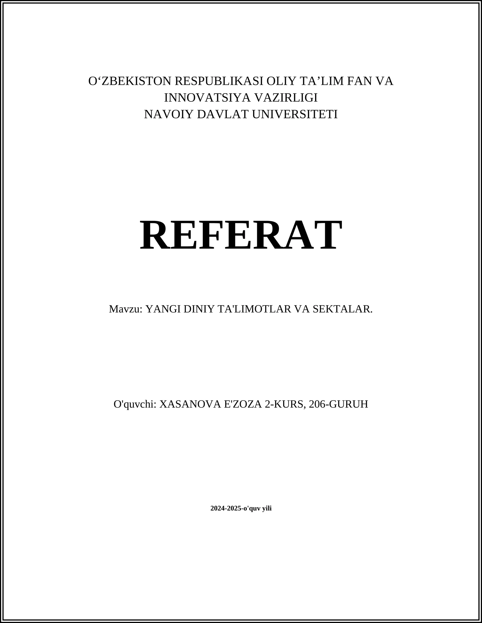 YANGI DINIY TA'LIMOTLAR VA SEKTALAR
