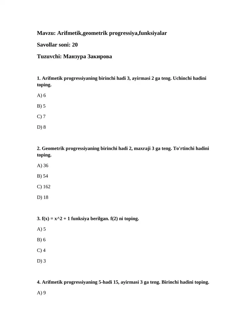 Arifmetik, geometrik progressiya, funksiyalar