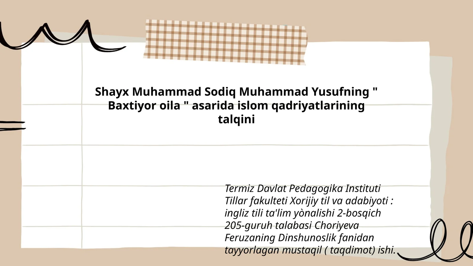 Shayx Muhammad Sodiq Muhammad Yusufning " Baxtiyor oila " asarida islom qadriyatlarining talqini