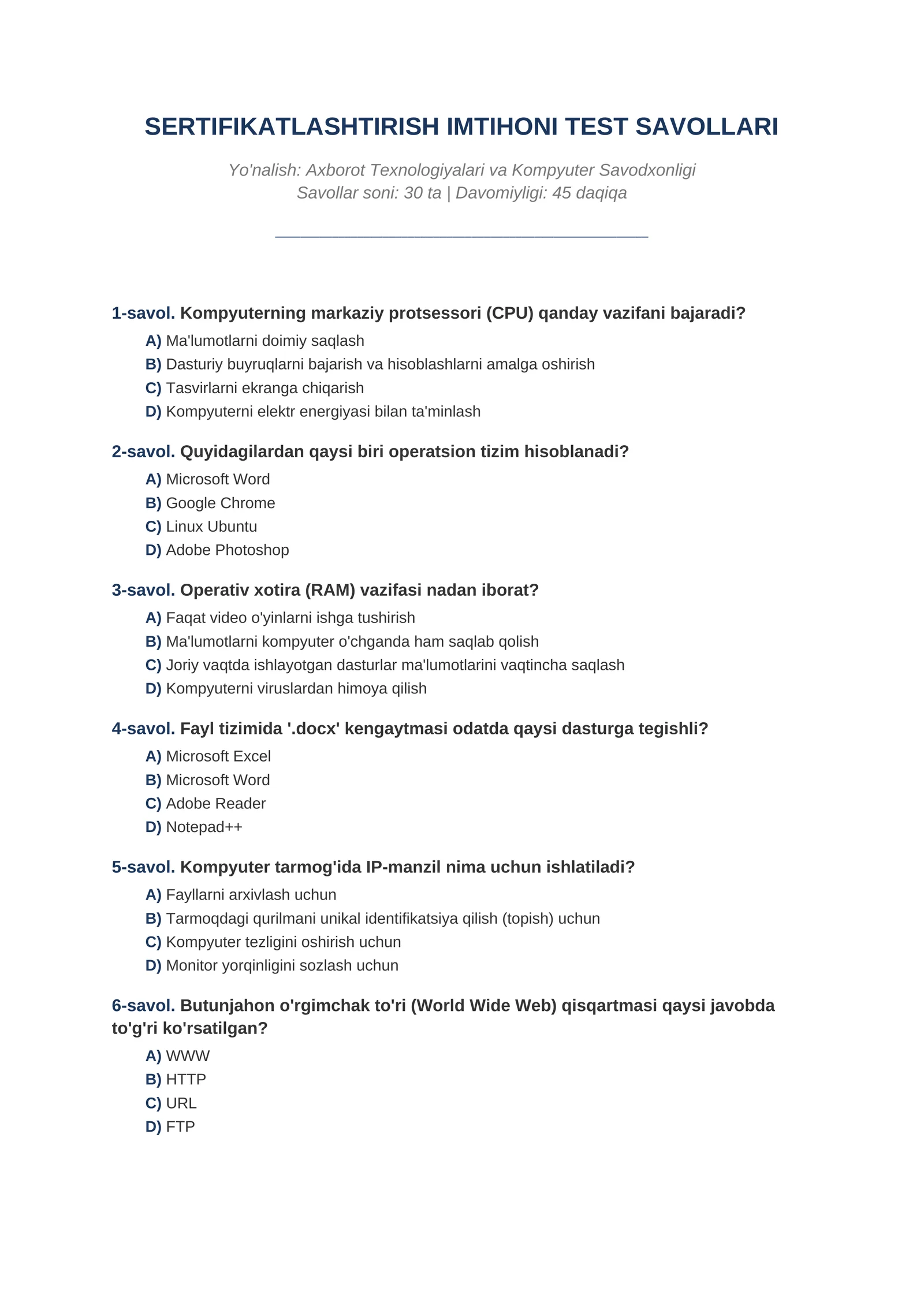 SERTIFIKATLASHTIRISH IMTIHONI TEST SAVOLLARI