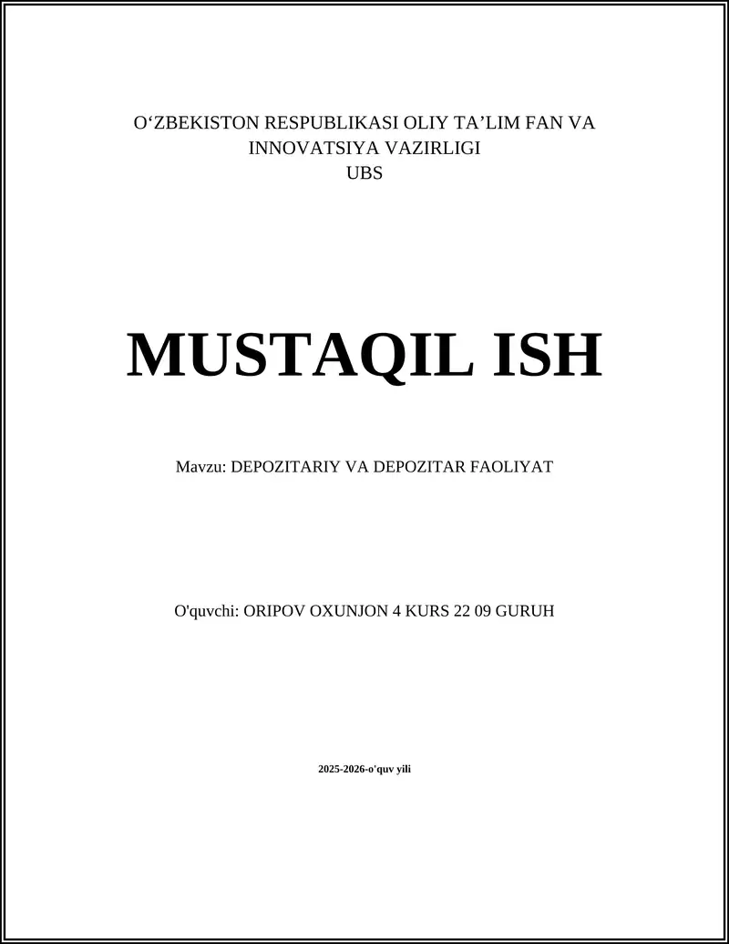 DEPOZITARIY VA DEPOZITAR FAOLIYAT