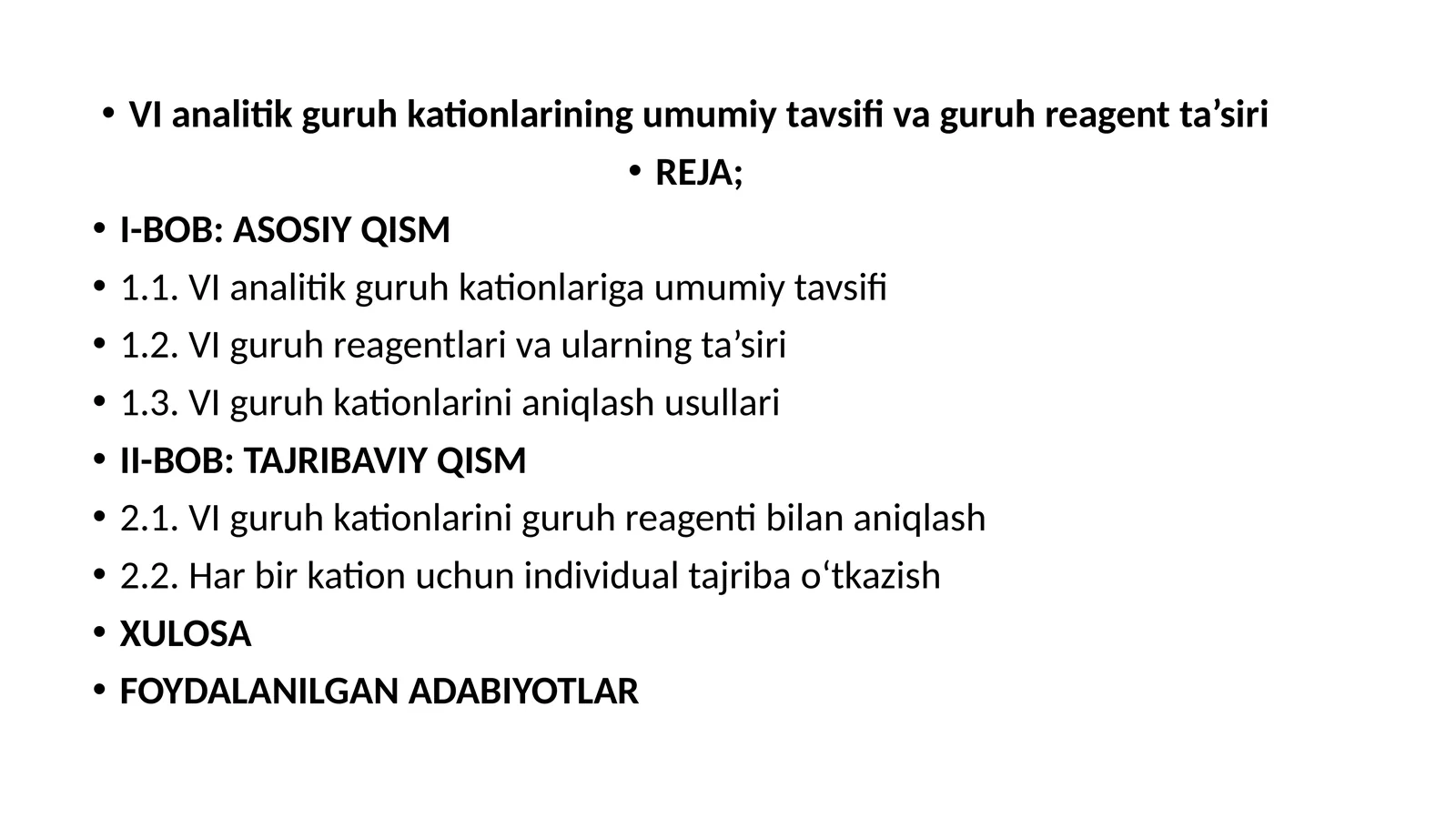 VIanalitikguruhkationlariningumumiytavsifivaguruhreagentta’siri