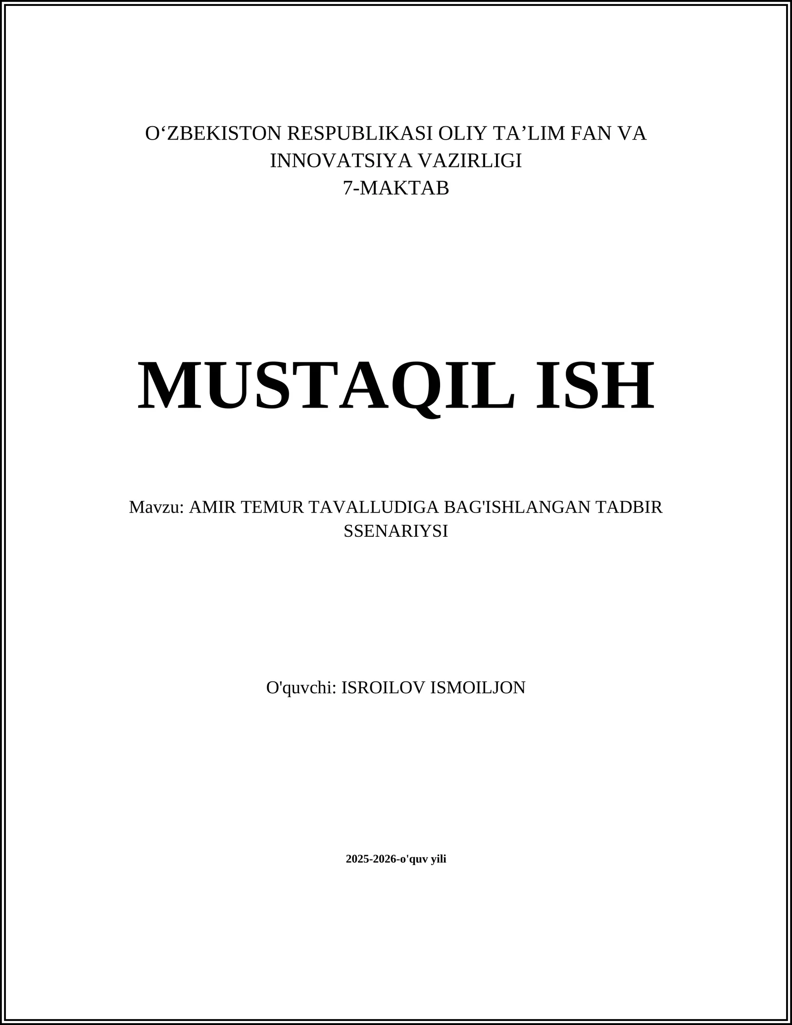 AMIR TEMUR TAVALLUDIGA BAG'ISHLANGAN TADBIR SSENARIYSI