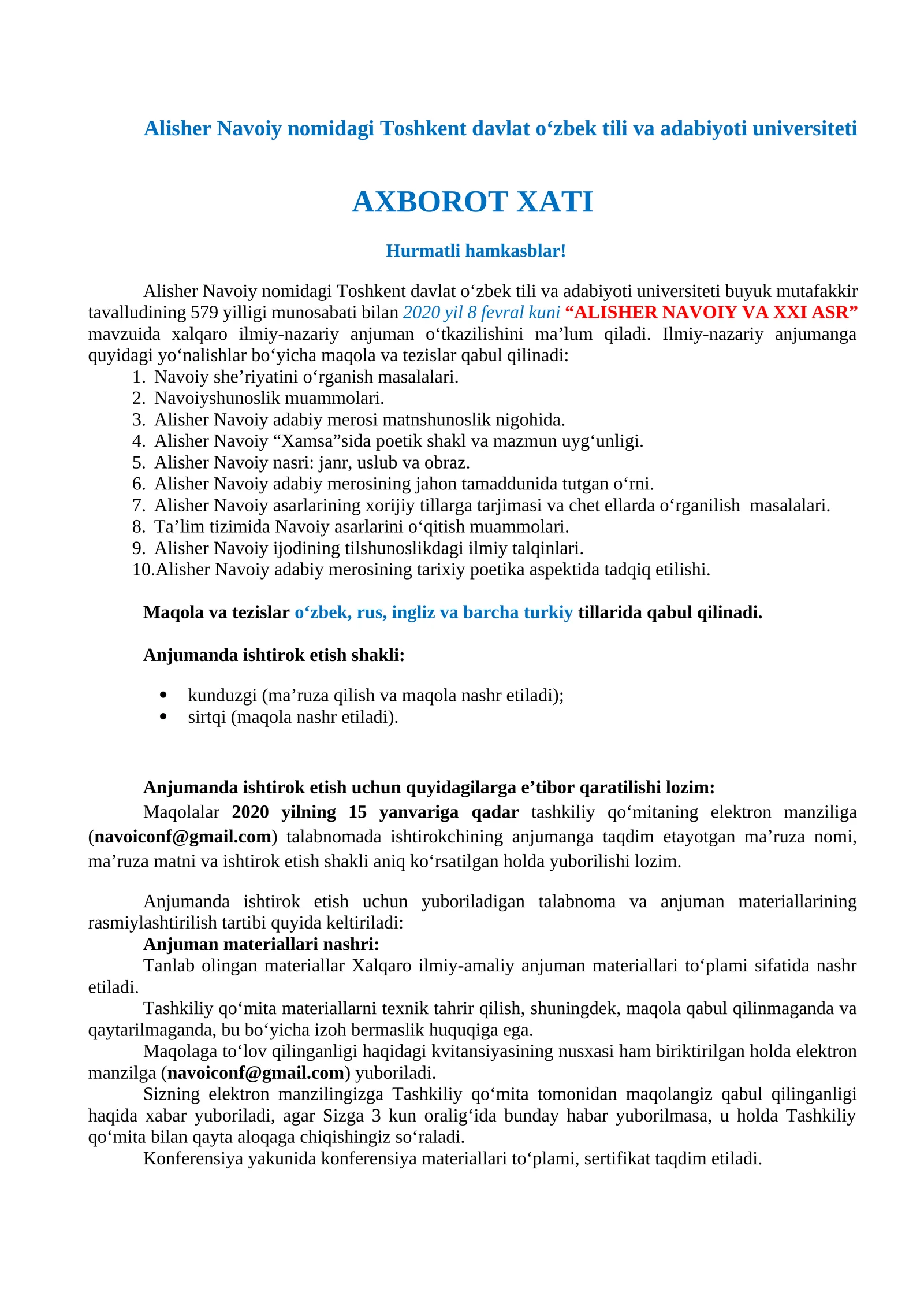 ALISHER NAVOIY VA XXI ASR