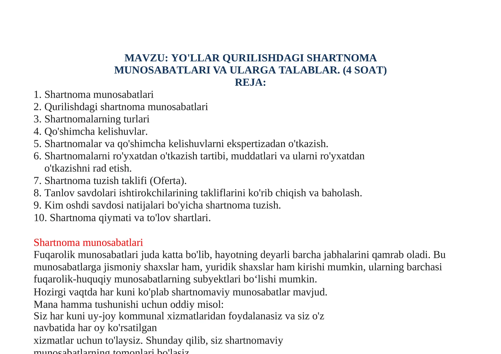 YO'LLAR QURILISHDAGI SHARTNOMA MUNOSABATLARI VA ULARGA TALABLAR