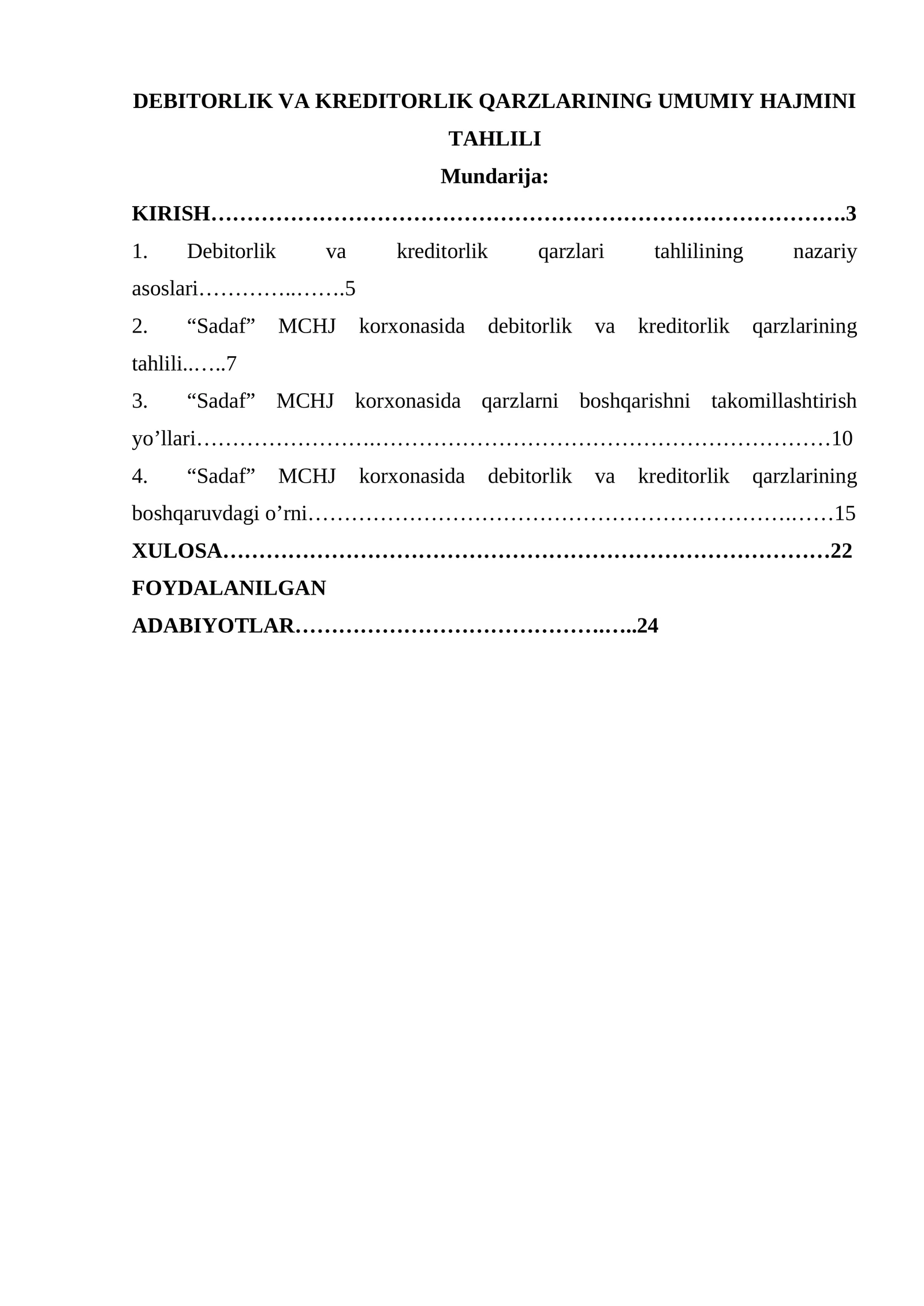 Debitorlik va kreditorlik qarzlarining umumiy hajmini tahlili
