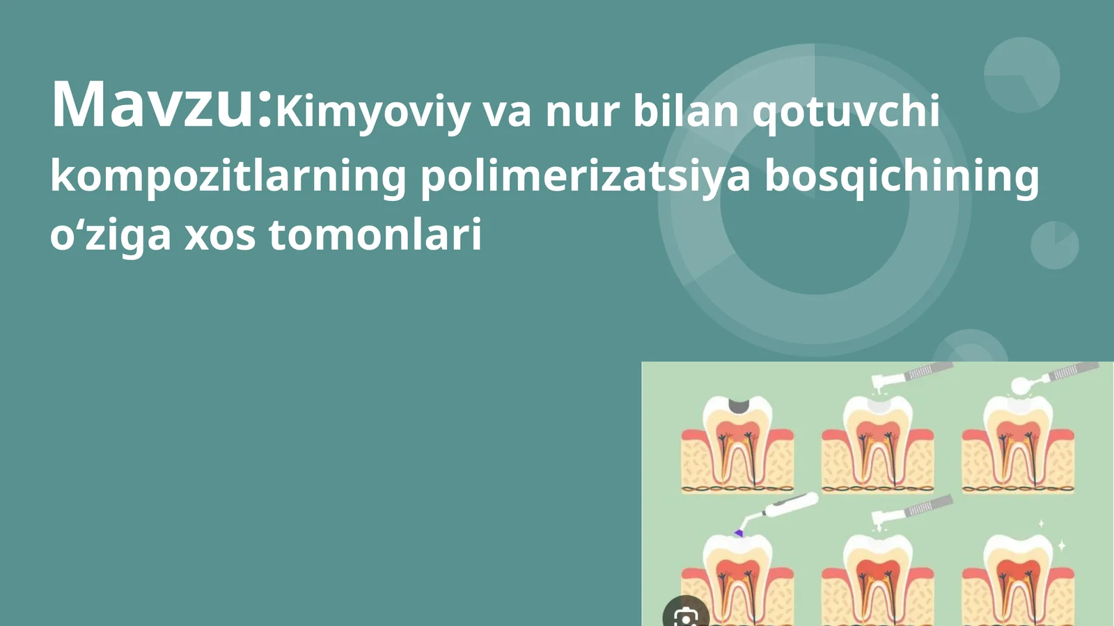 Kimyoviy va nur bilan qotuvchi kompozitlarning polimerizatsiya bosqichining oʻziga xos tomonlari