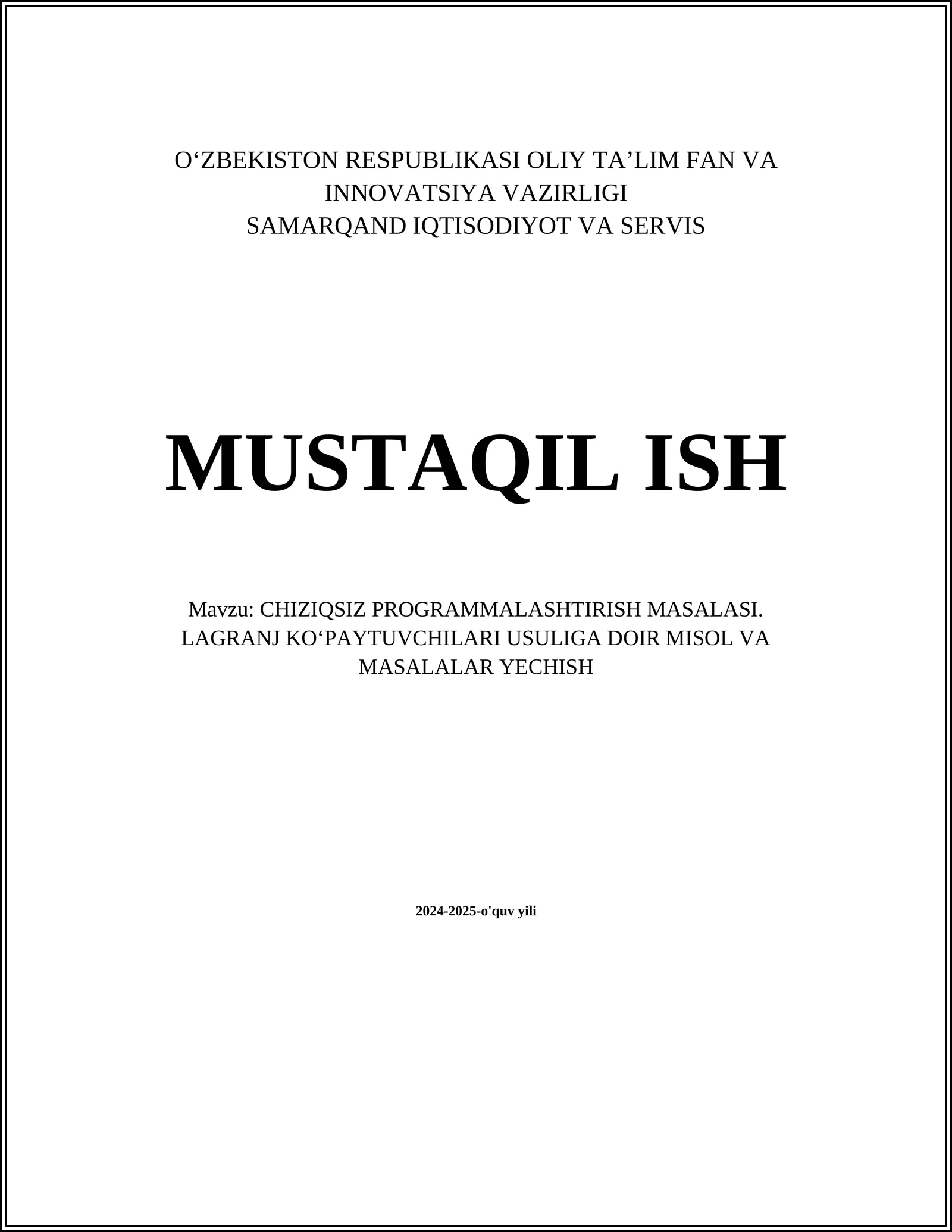 CHIZIQSIZ PROGRAMMALASHTIRISH MASALASI