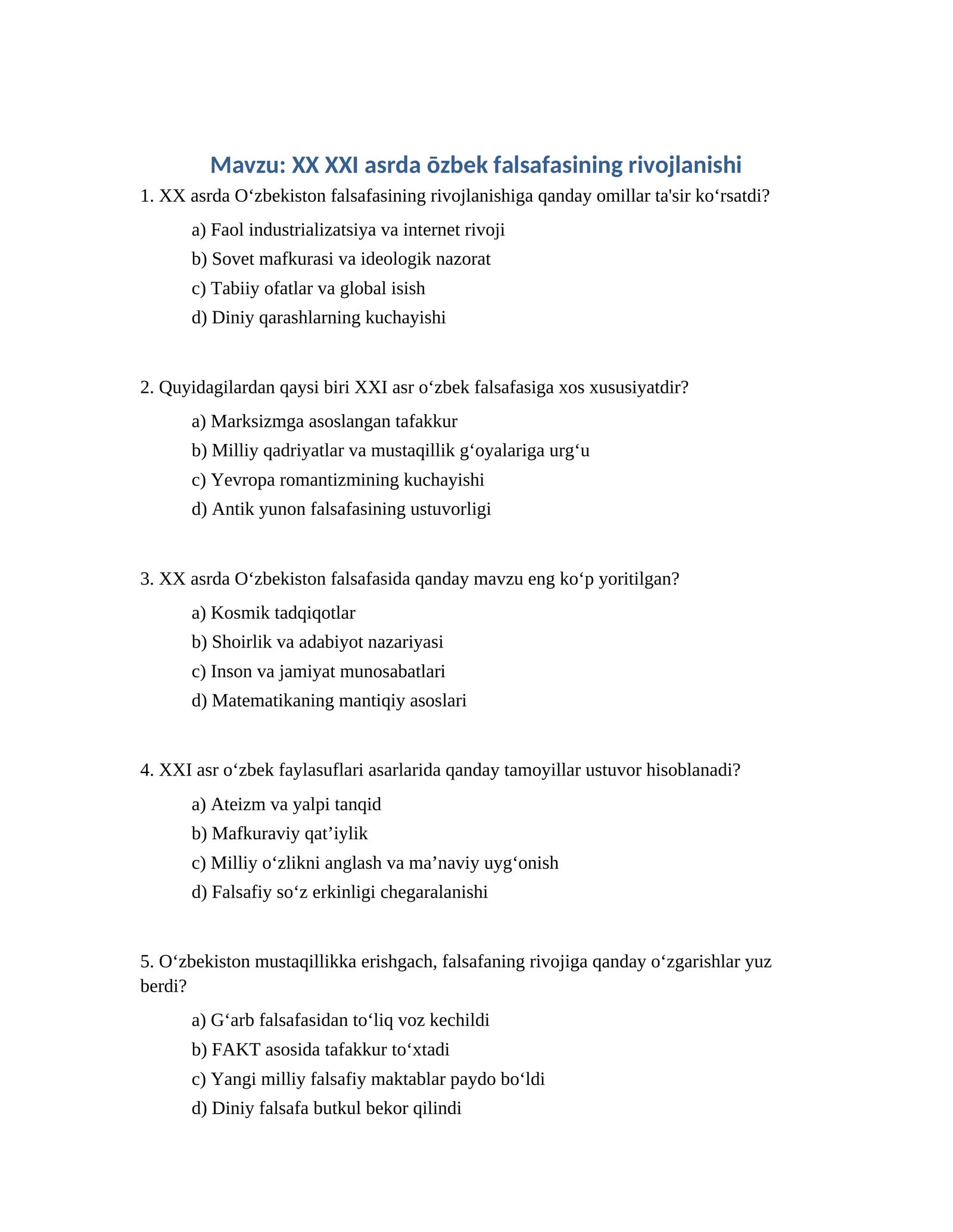 XX XXI asrda ōzbek falsafasining rivojlanishi