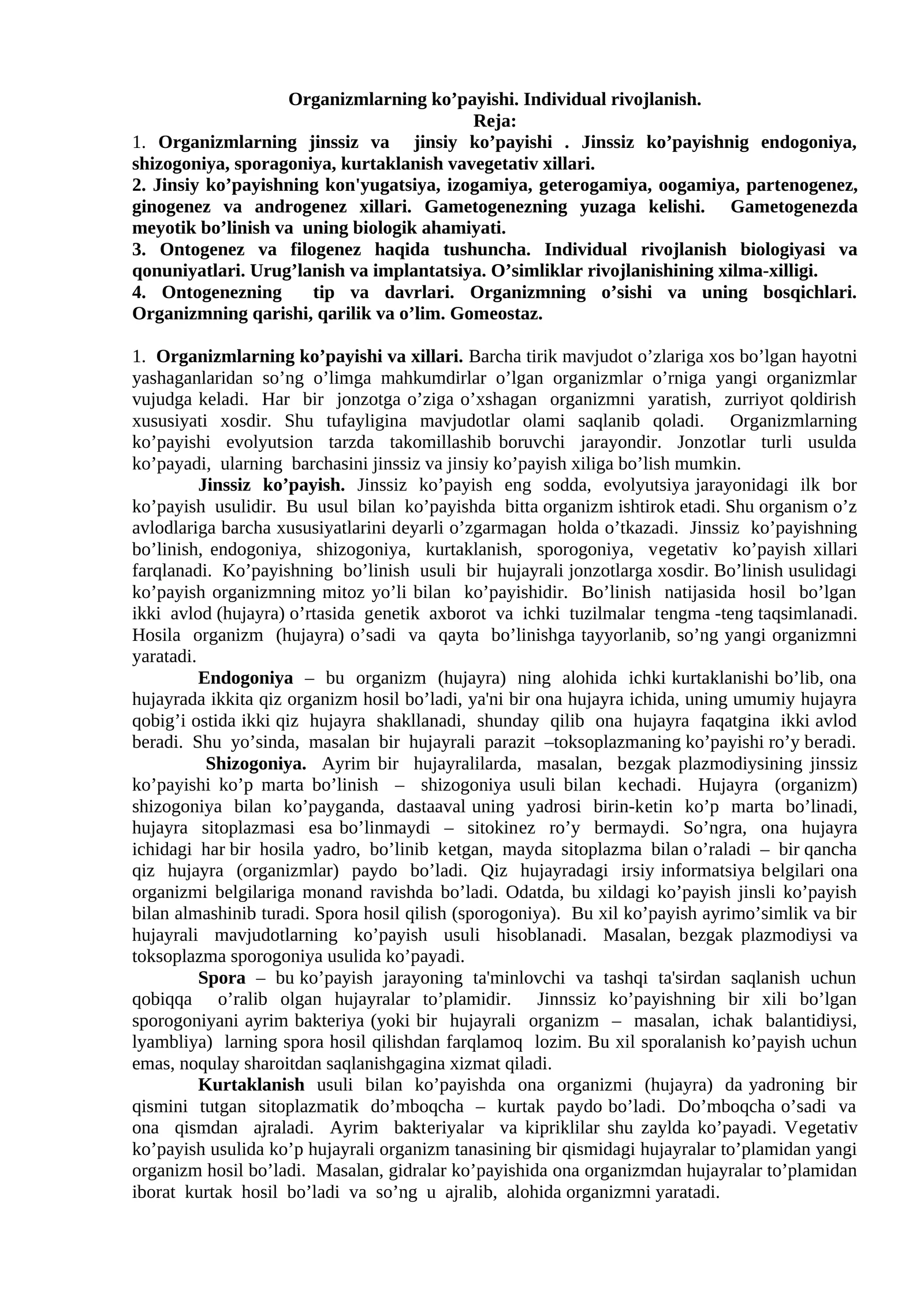 Organizmlarning ko’payishi. Individual rivojlanish
