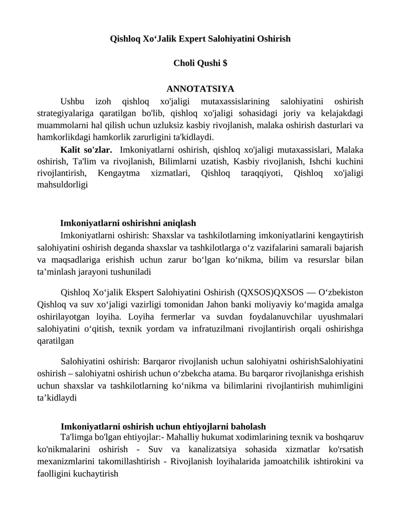 Qishloq XoʻJalik Expert Salohiyatini Oshirish