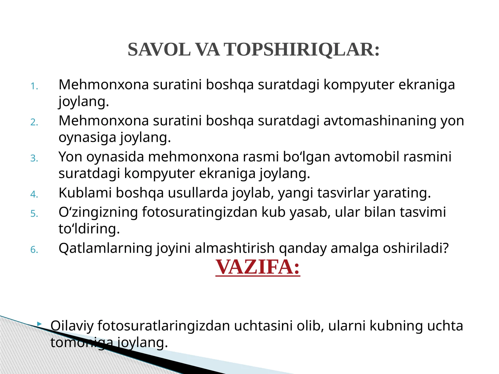 SAVOL VA TOPSHIRIQLAR: